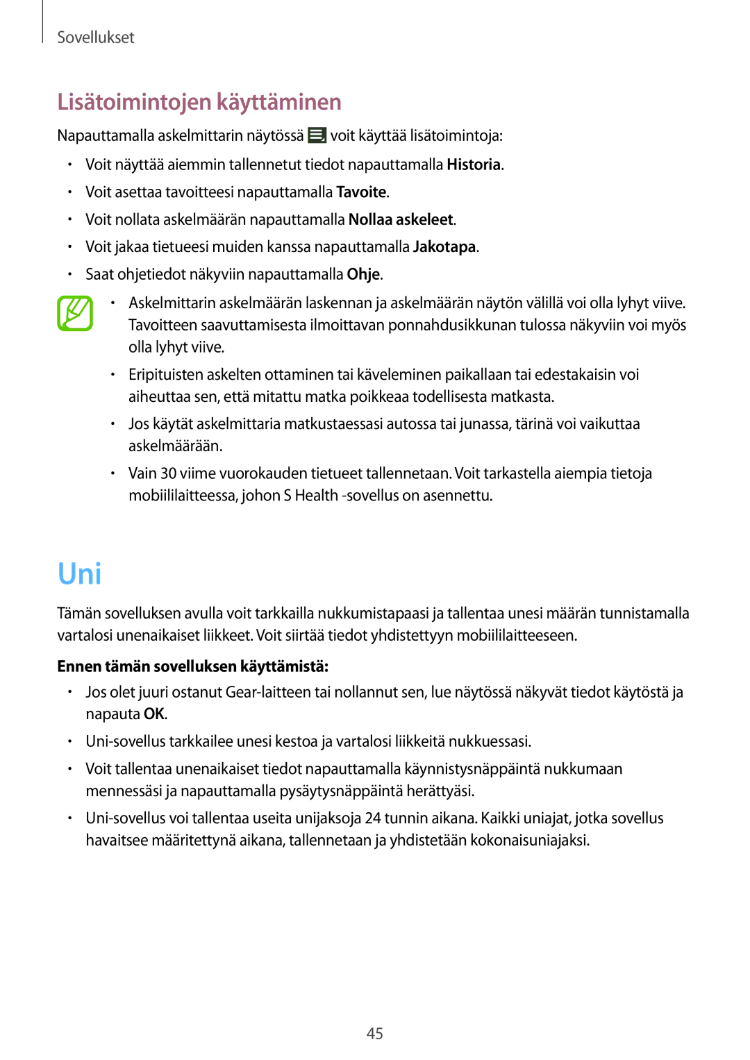 Samsung SM-R3800GNANEE, SM-R3800MOANEE, SM-R3800VSANEE manual Uni, Lisätoimintojen käyttäminen 