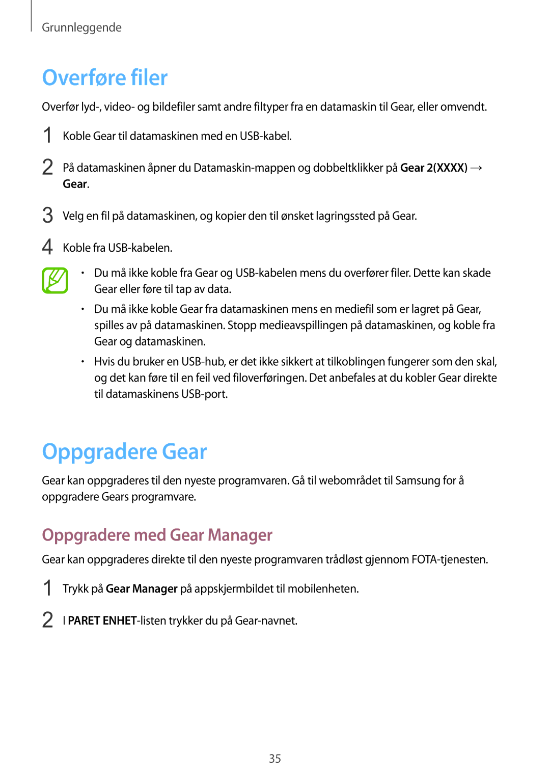 Samsung SM-R3800VSANEE, SM-R3800GNANEE, SM-R3800MOANEE manual Overføre filer, Oppgradere Gear, Oppgradere med Gear Manager 