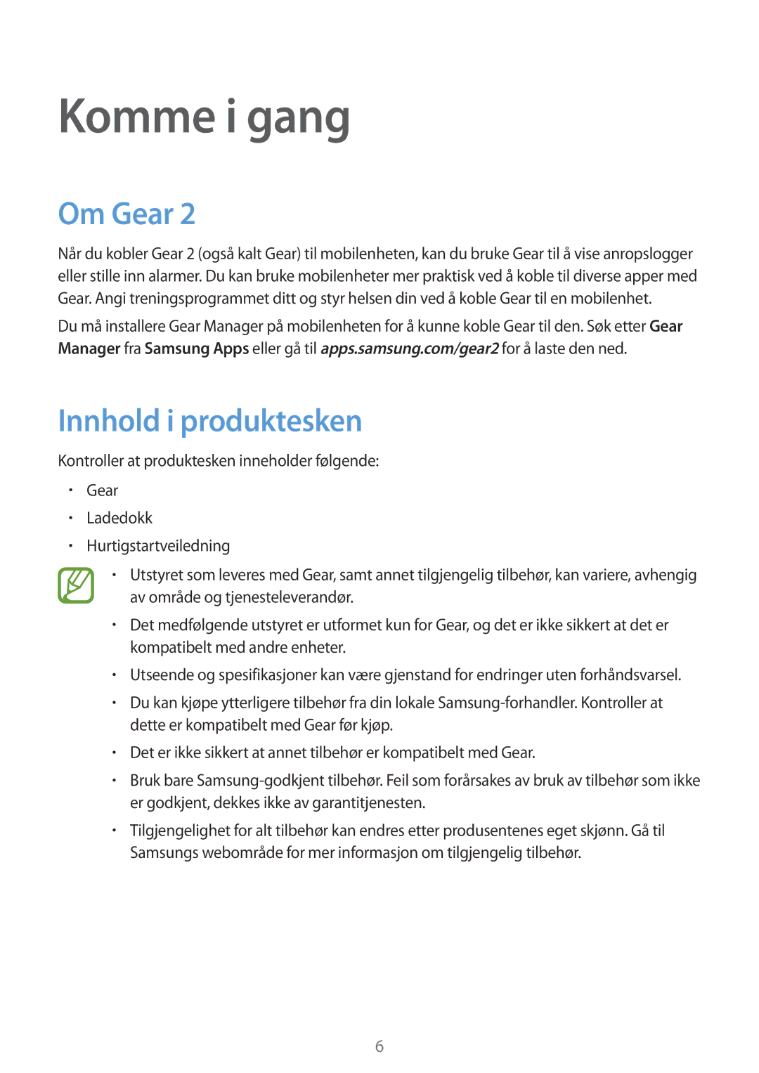 Samsung SM-R3800GNANEE, SM-R3800MOANEE, SM-R3800VSANEE manual Komme i gang, Om Gear, Innhold i produktesken 