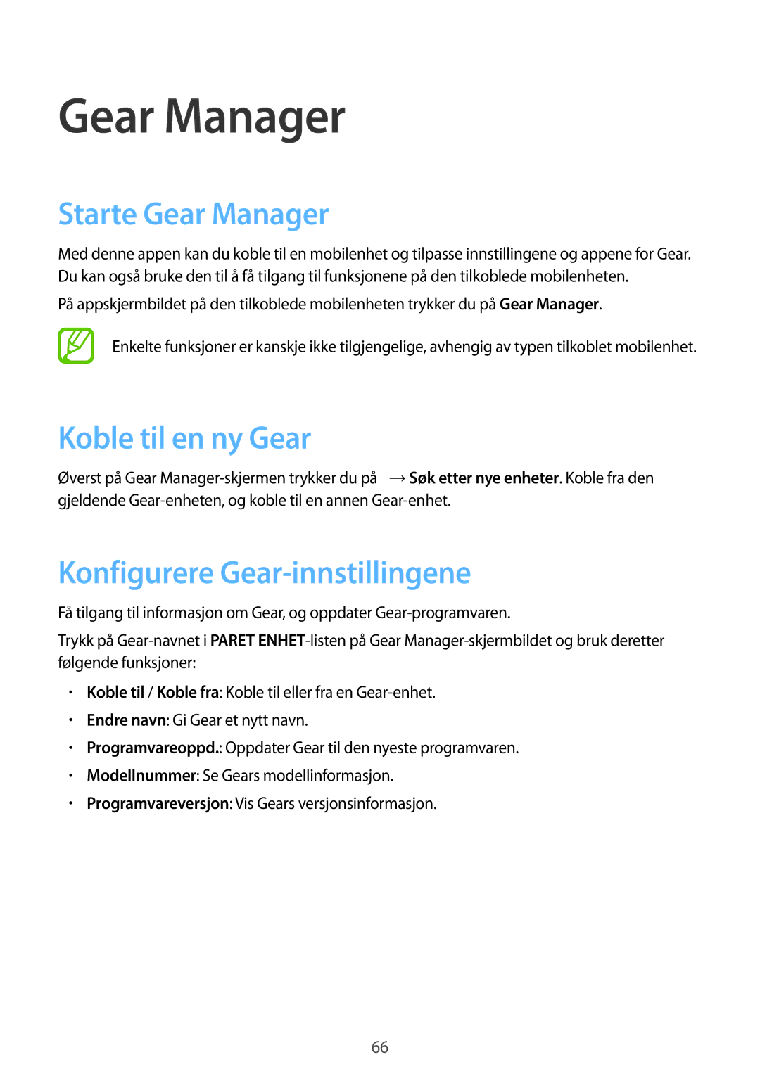 Samsung SM-R3800GNANEE, SM-R3800MOANEE manual Starte Gear Manager, Koble til en ny Gear, Konfigurere Gear-innstillingene 