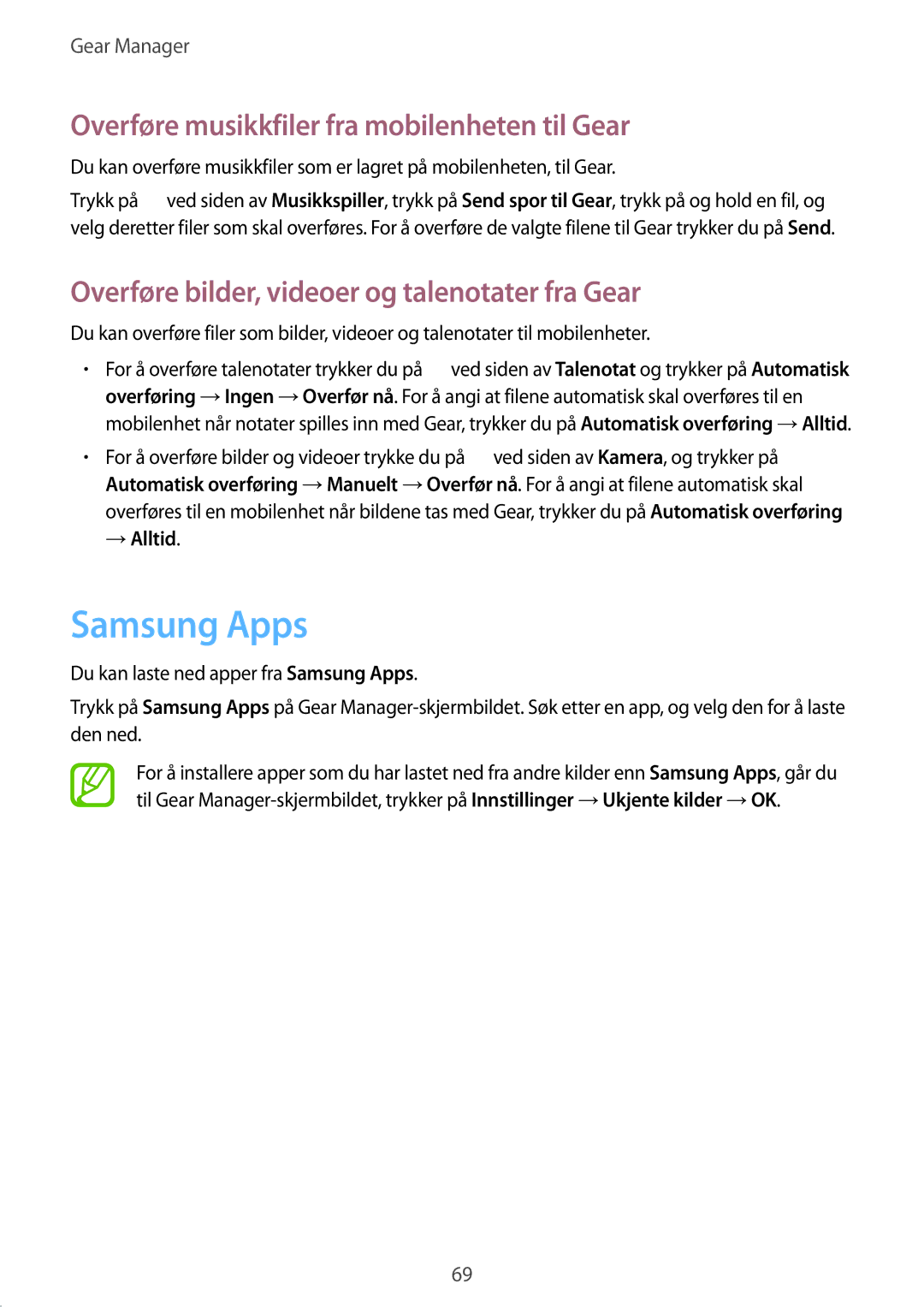 Samsung SM-R3800GNANEE, SM-R3800MOANEE manual Samsung Apps, Overføre musikkfiler fra mobilenheten til Gear, →Alltid 