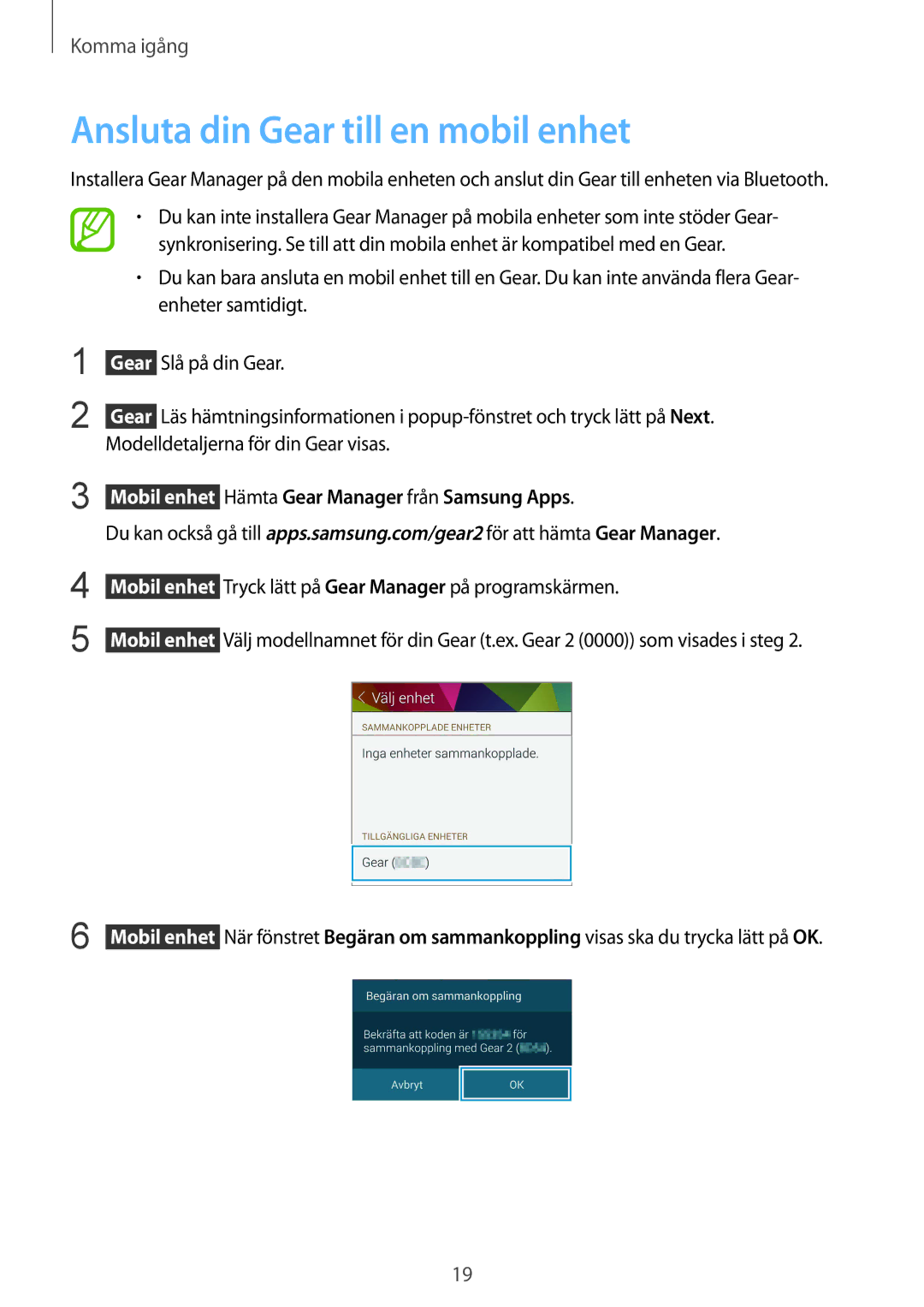 Samsung SM-R3800MOANEE, SM-R3800GNANEE manual Ansluta din Gear till en mobil enhet, Modelldetaljerna för din Gear visas 