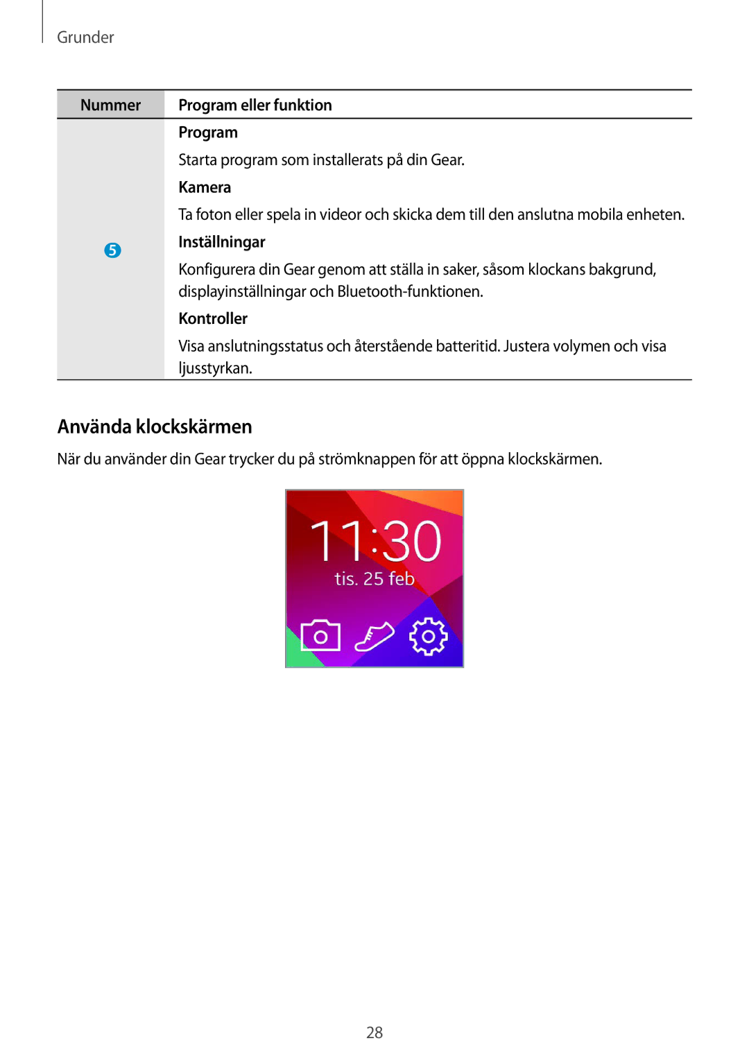 Samsung SM-R3800MOANEE Använda klockskärmen, Inställningar, Displayinställningar och Bluetooth-funktionen, Kontroller 