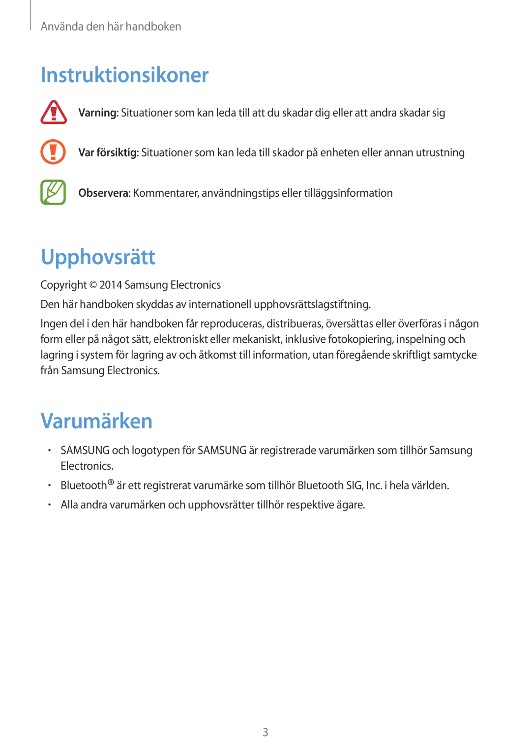 Samsung SM-R3800GNANEE, SM-R3800MOANEE, SM-R3800VSANEE manual Instruktionsikoner, Upphovsrätt, Varumärken 