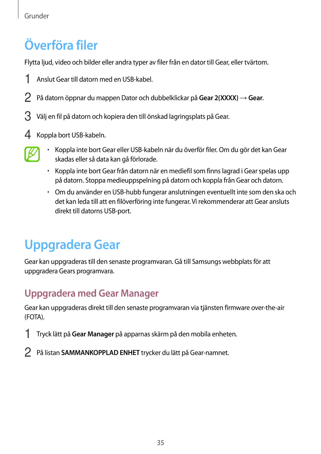 Samsung SM-R3800VSANEE, SM-R3800GNANEE, SM-R3800MOANEE manual Överföra filer, Uppgradera Gear, Uppgradera med Gear Manager 
