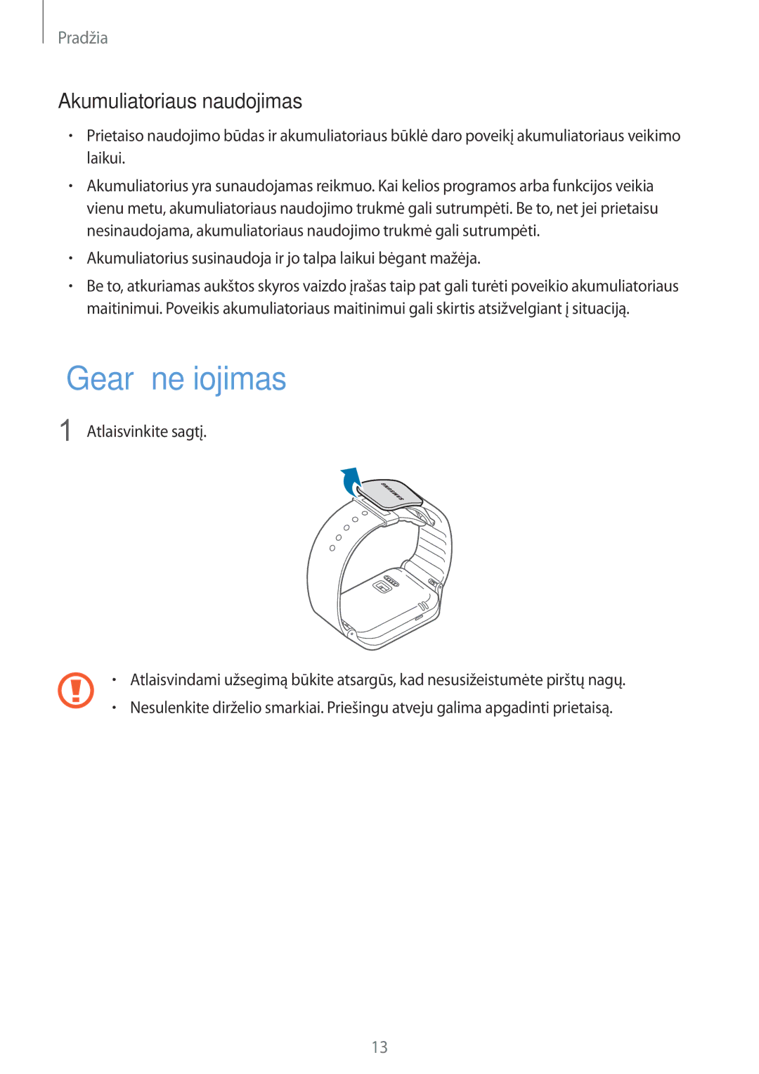 Samsung SM-R3800GNASEB, SM-R3800VSASEB manual „Gear nešiojimas, Akumuliatoriaus naudojimas 