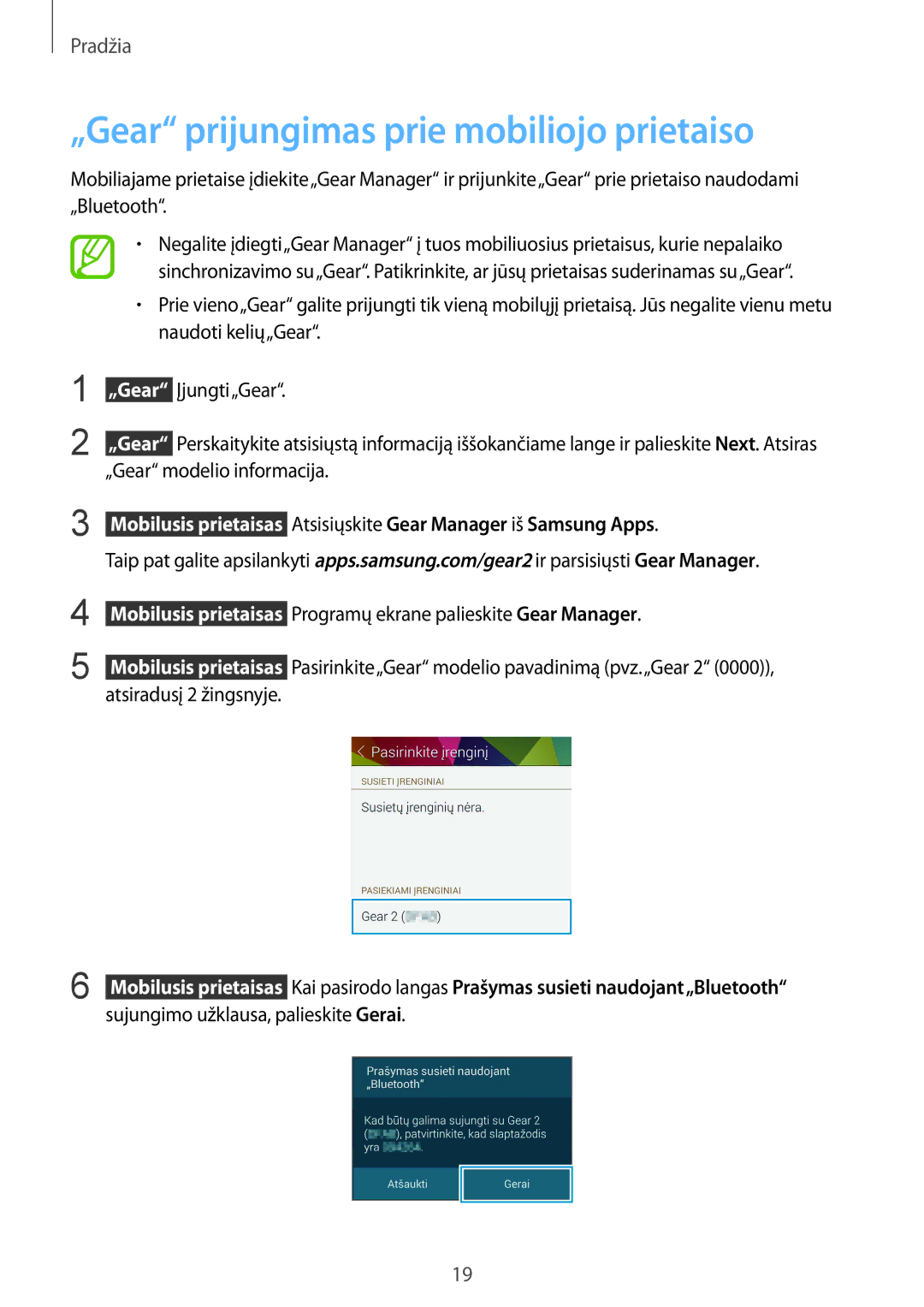 Samsung SM-R3800GNASEB, SM-R3800VSASEB manual „Gear prijungimas prie mobiliojo prietaiso, Įjungti„Gear 