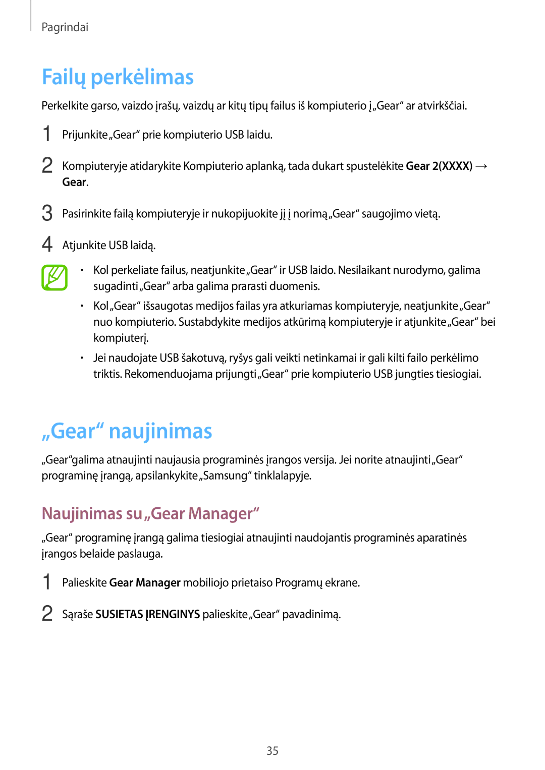 Samsung SM-R3800GNASEB, SM-R3800VSASEB manual Failų perkėlimas, „Gear naujinimas, Naujinimas su„Gear Manager 