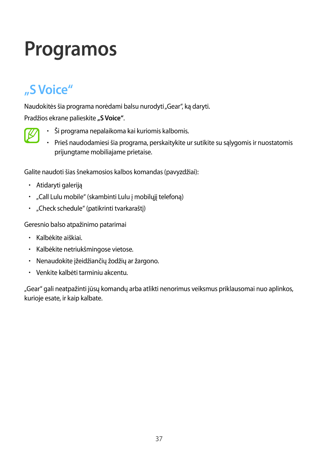 Samsung SM-R3800GNASEB, SM-R3800VSASEB manual Programos, „S Voice 