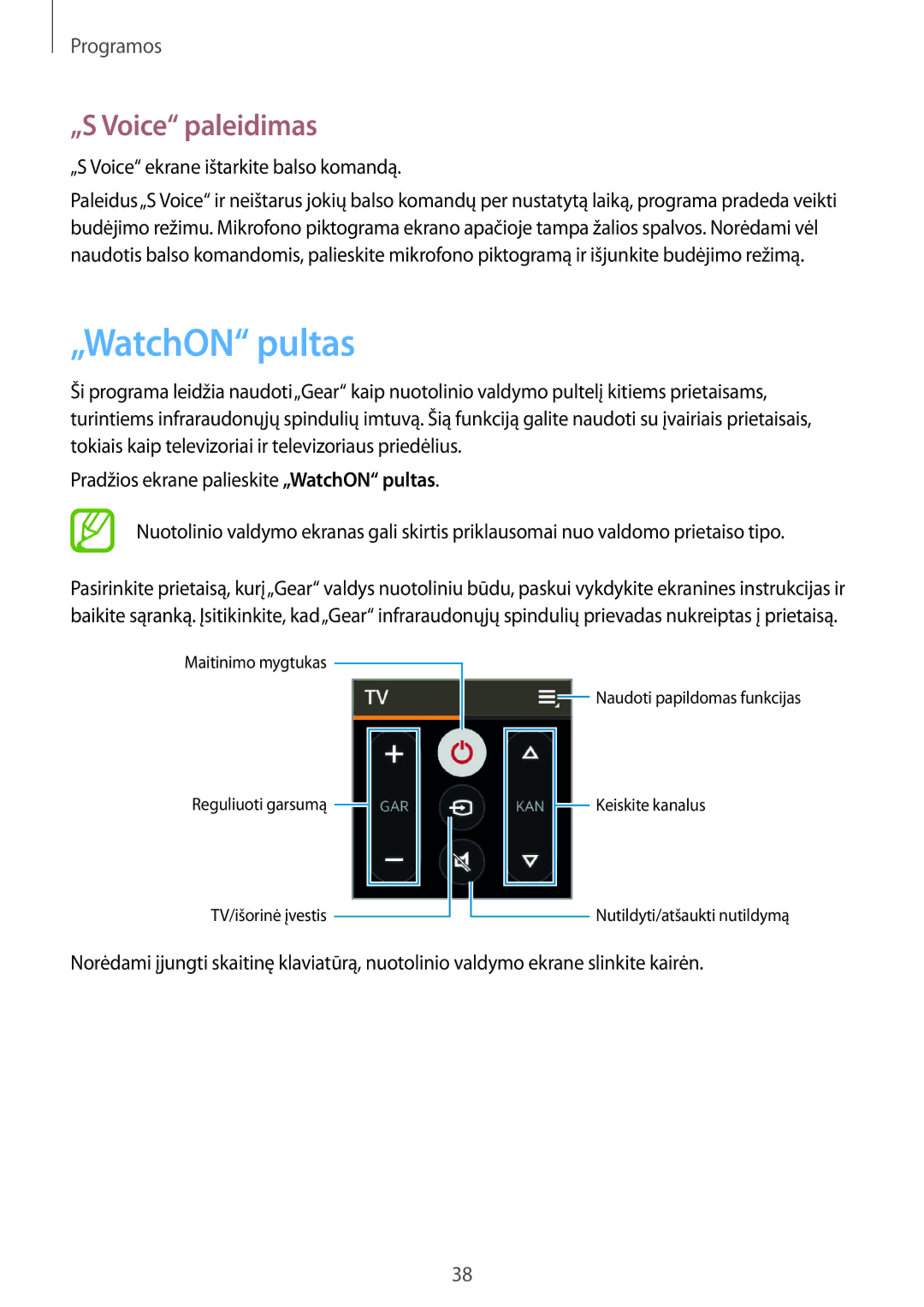 Samsung SM-R3800VSASEB, SM-R3800GNASEB manual „WatchON pultas, „S Voice paleidimas 