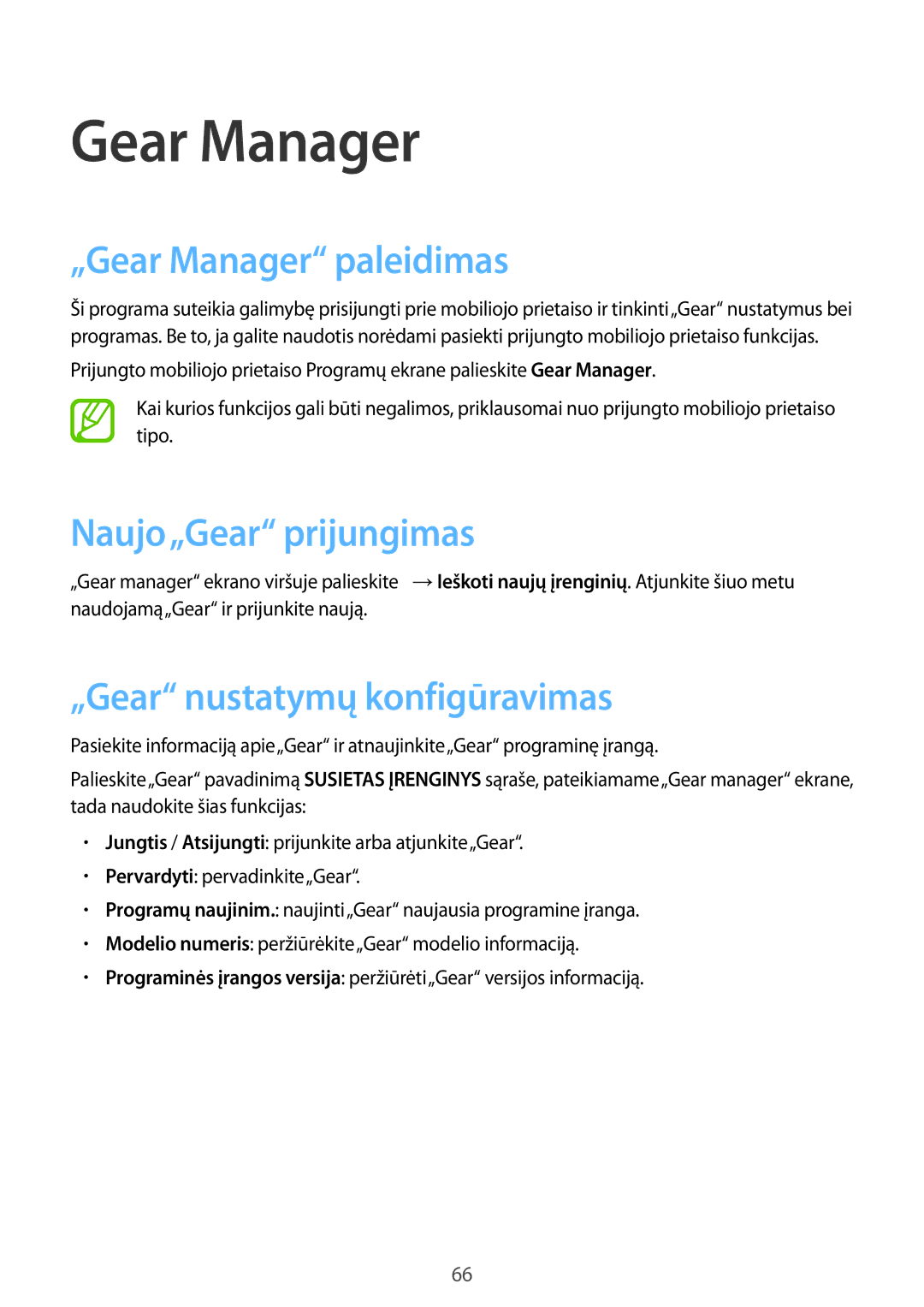 Samsung SM-R3800VSASEB manual „Gear Manager paleidimas, Naujo„Gear prijungimas, „Gear nustatymų konfigūravimas 