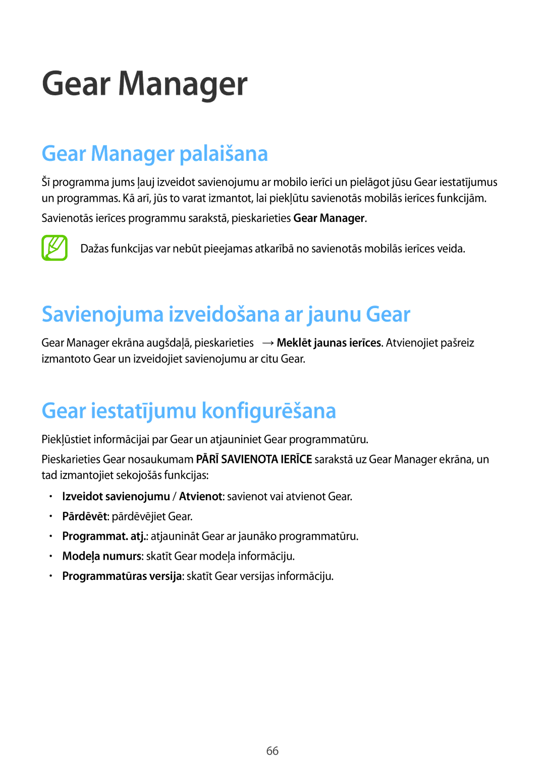 Samsung SM-R3800VSASEB Gear Manager palaišana, Savienojuma izveidošana ar jaunu Gear, Gear iestatījumu konfigurēšana 