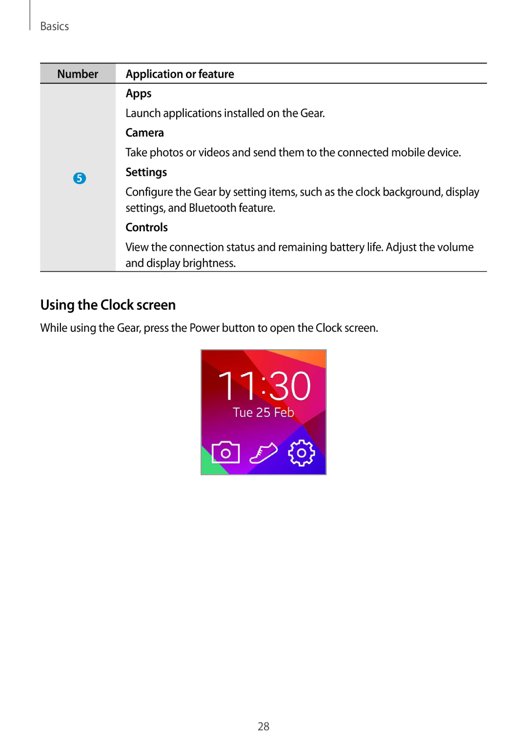 Samsung SM-R3800VSAXEZ manual Using the Clock screen, Settings, and Bluetooth feature, Controls, Display brightness 