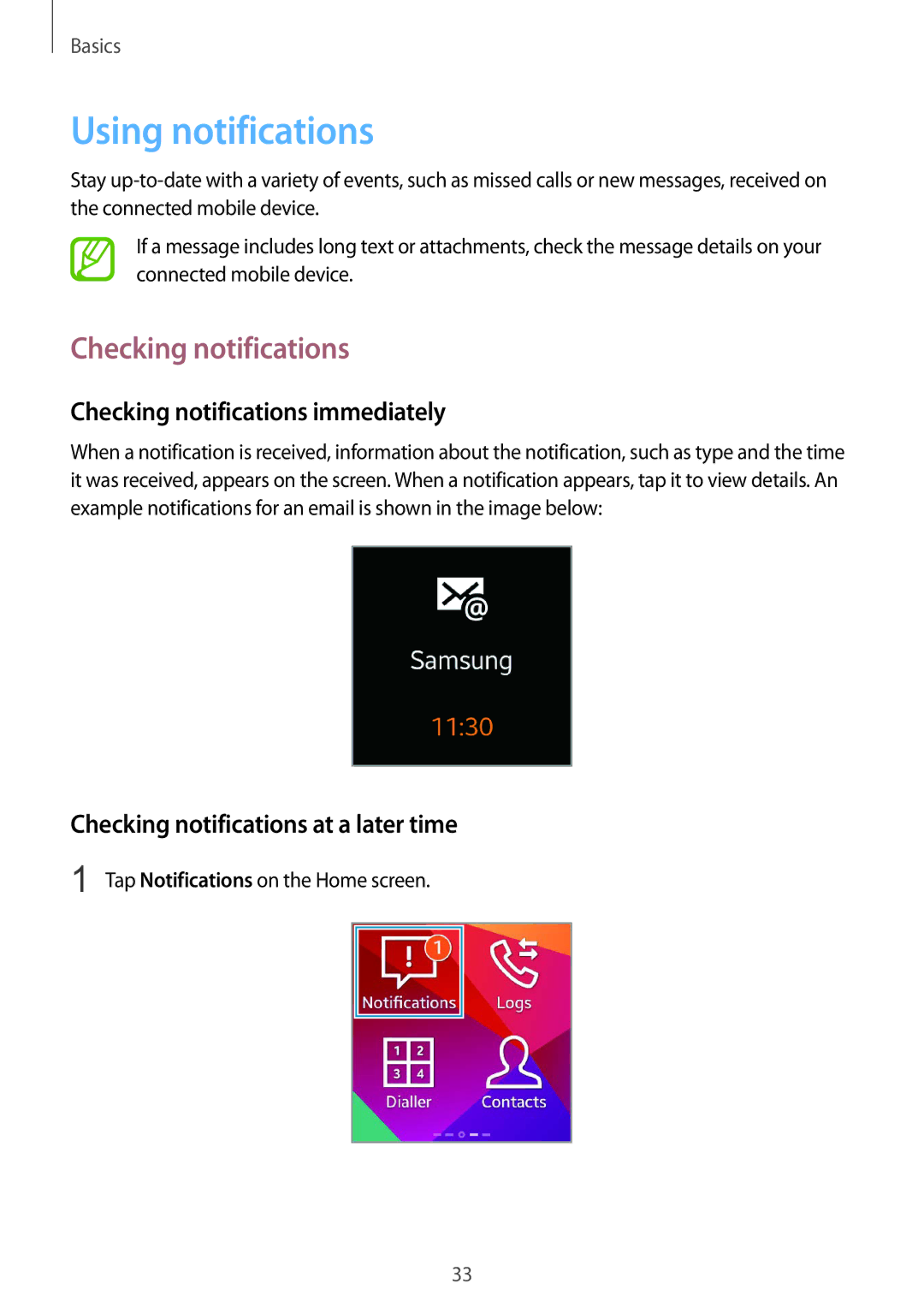 Samsung SM-R3800GNAATO Using notifications, Checking notifications immediately, Checking notifications at a later time 