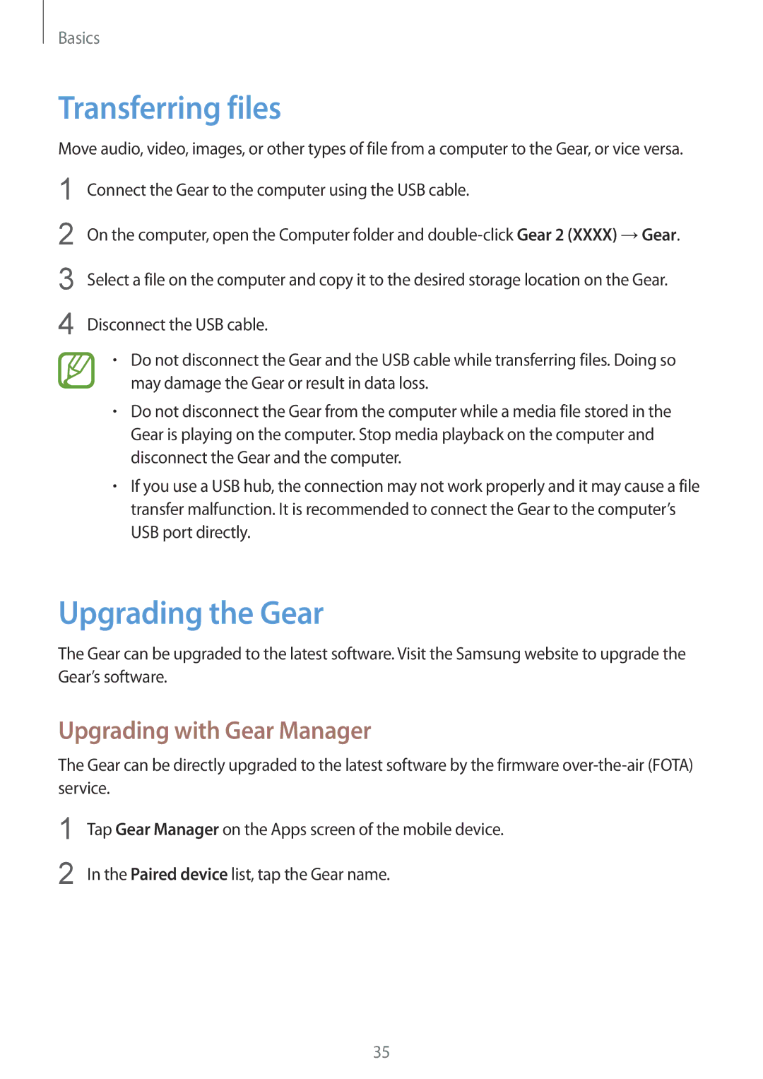 Samsung SM-R3800MOANEE, SM-R3800VSATUR, SM-R3800MOATUR Transferring files, Upgrading the Gear, Upgrading with Gear Manager 