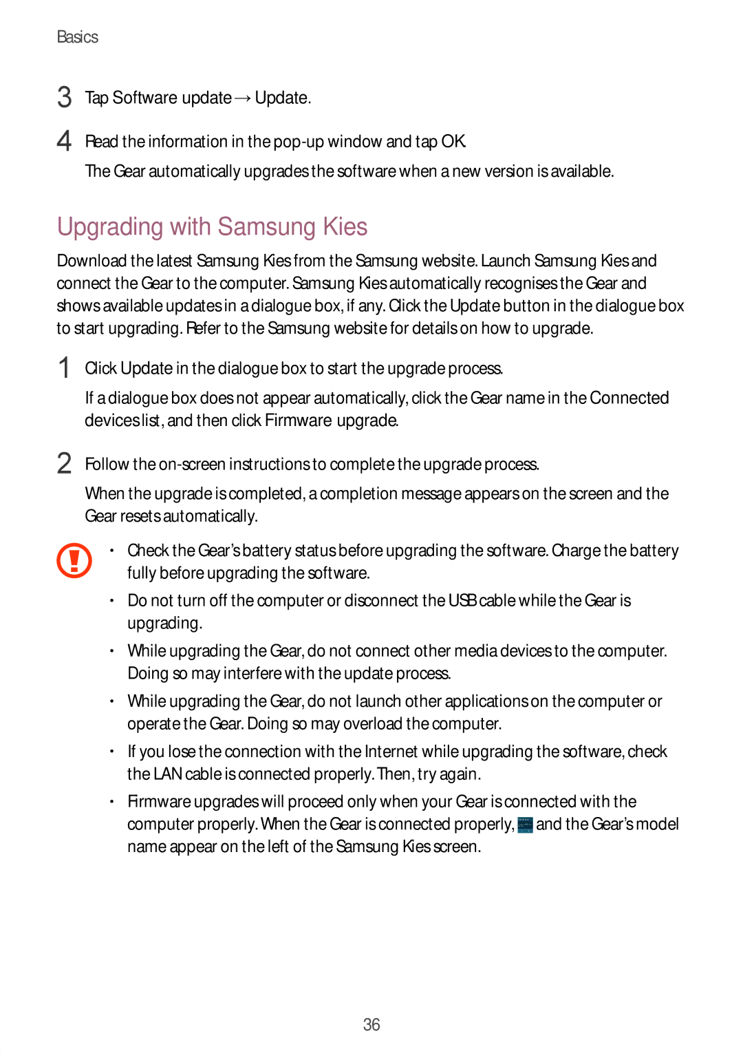 Samsung SM-R3800VSANEE, SM-R3800VSATUR, SM-R3800MOATUR manual Upgrading with Samsung Kies, Tap Software update →Update 