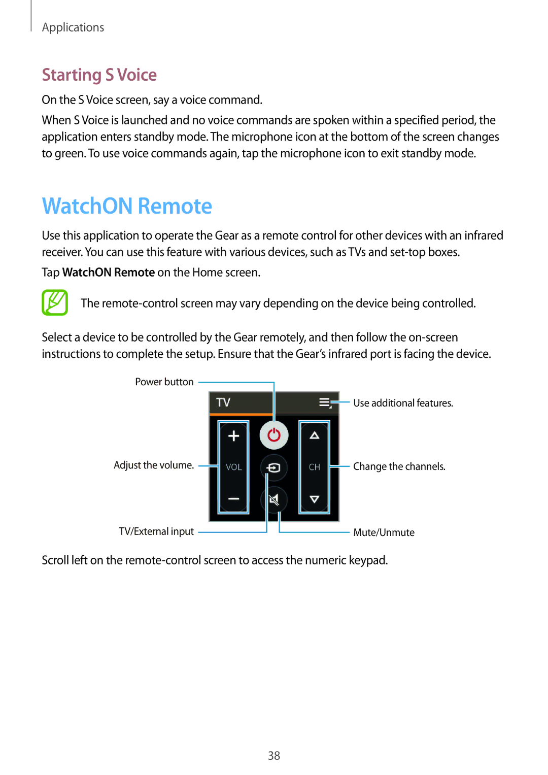 Samsung SM-R3800GNASEB, SM-R3800VSATUR manual WatchON Remote, Starting S Voice, On the S Voice screen, say a voice command 