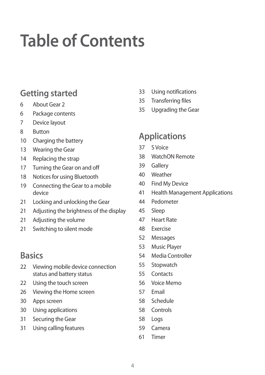 Samsung SM-R3800MOAATO, SM-R3800VSATUR, SM-R3800MOATUR, SM-R3800VSAXEO, SM-R3800VSATPH, SM-R3800MOATPH manual Table of Contents 