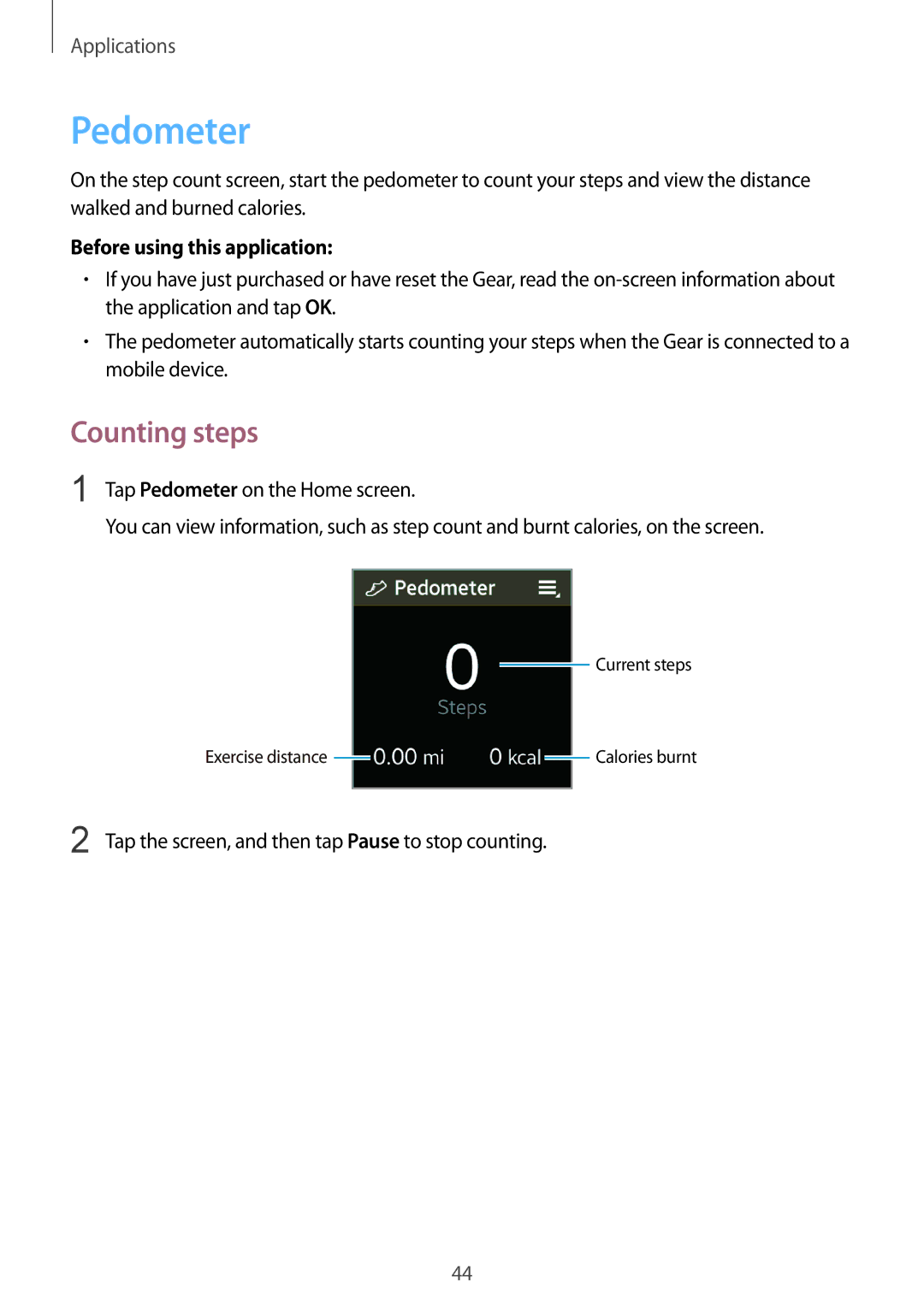 Samsung SM-R3800MOASER, SM-R3800VSATUR, SM-R3800MOATUR manual Pedometer, Counting steps, Before using this application 