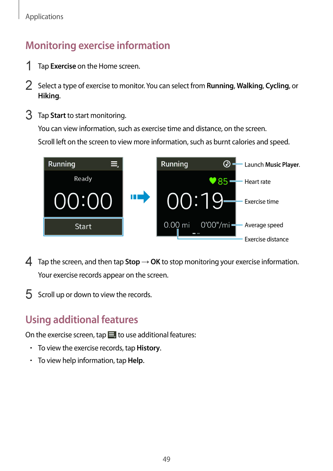 Samsung SM-R3800VSATPH, SM-R3800VSATUR, SM-R3800MOATUR, SM-R3800VSAXEO manual Monitoring exercise information, Hiking 