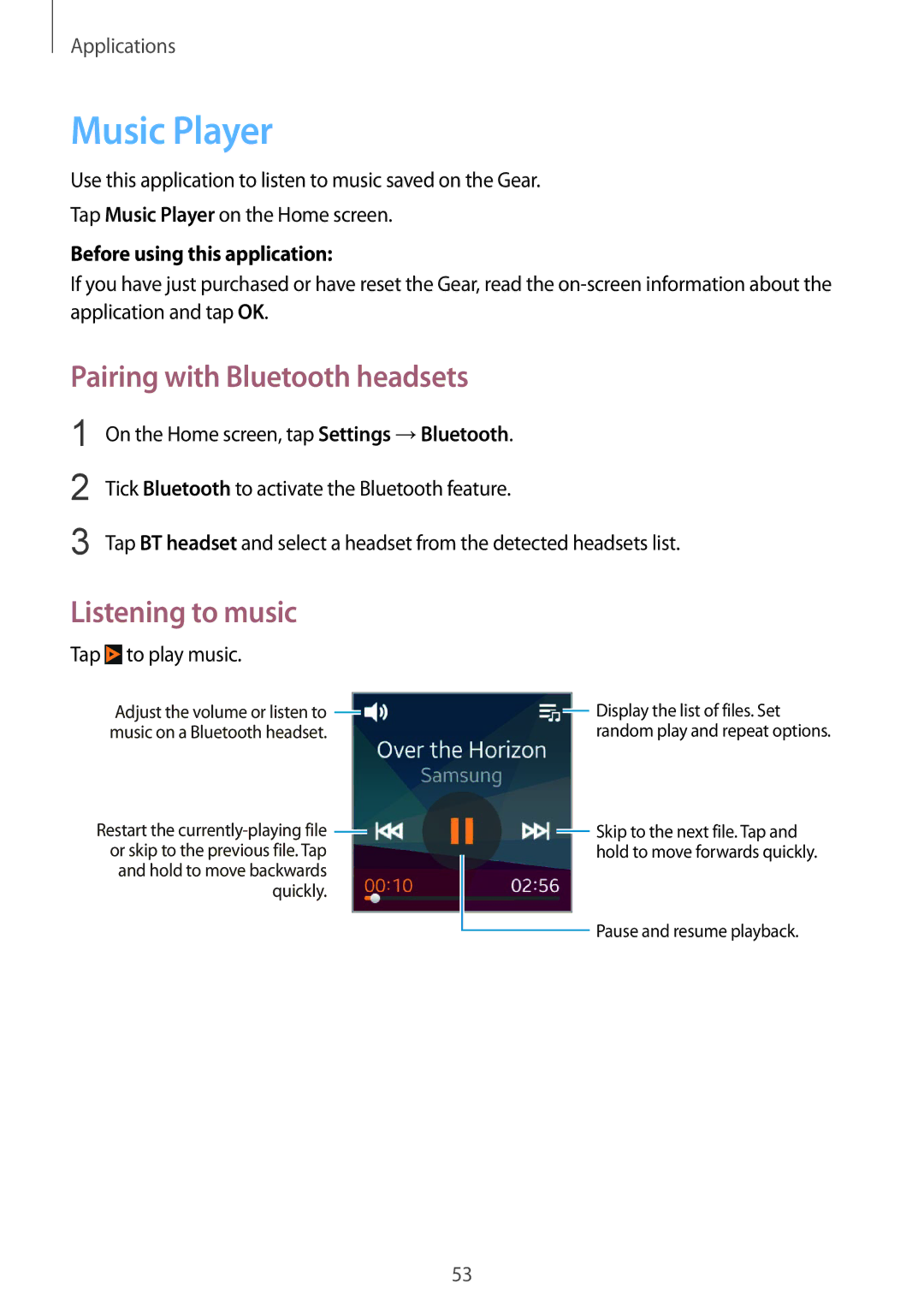 Samsung SM-R3800VSADBT manual Music Player, Pairing with Bluetooth headsets, Listening to music, Tap to play music 