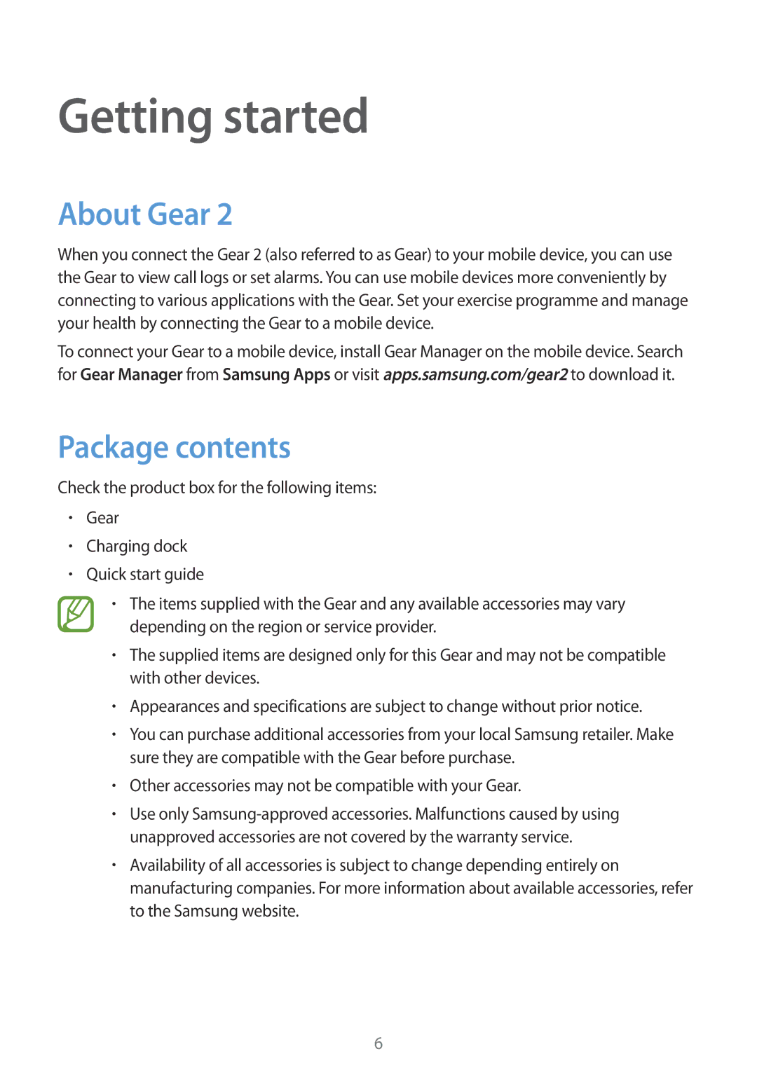 Samsung SM-R3800VSAEUR, SM-R3800VSATUR, SM-R3800MOATUR, SM-R3800VSAXEO manual Getting started, About Gear, Package contents 