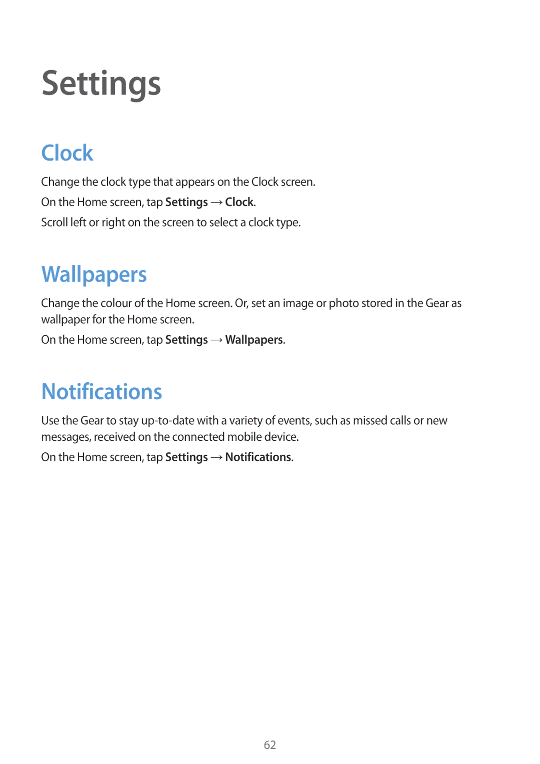 Samsung SM-R3800VSAXSP, SM-R3800VSATUR, SM-R3800MOATUR, SM-R3800VSAXEO manual Settings, Clock, Wallpapers, Notifications 