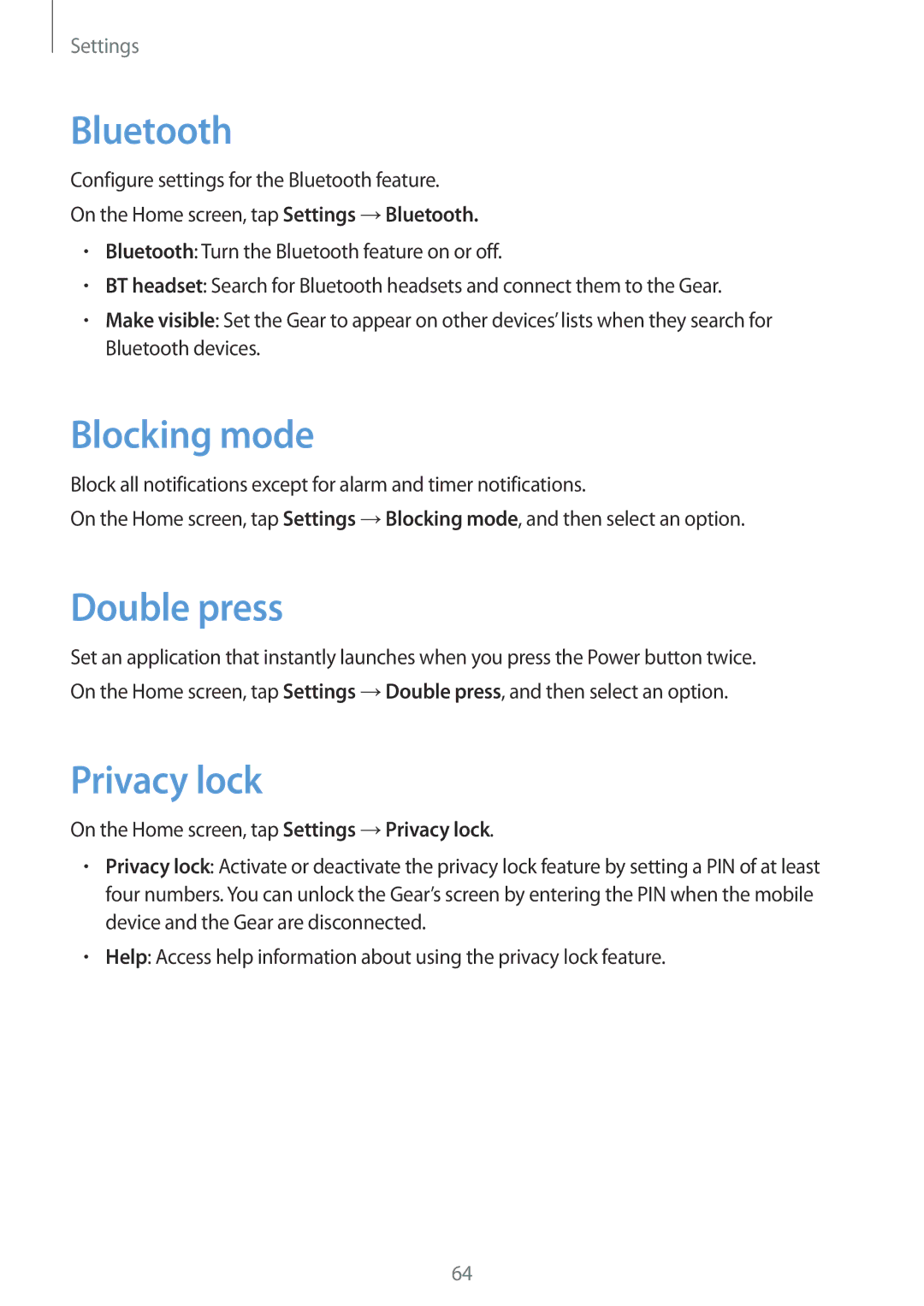 Samsung SM-R3800GNAPHE, SM-R3800VSATUR, SM-R3800MOATUR, SM-R3800VSAXEO Bluetooth, Blocking mode, Double press, Privacy lock 