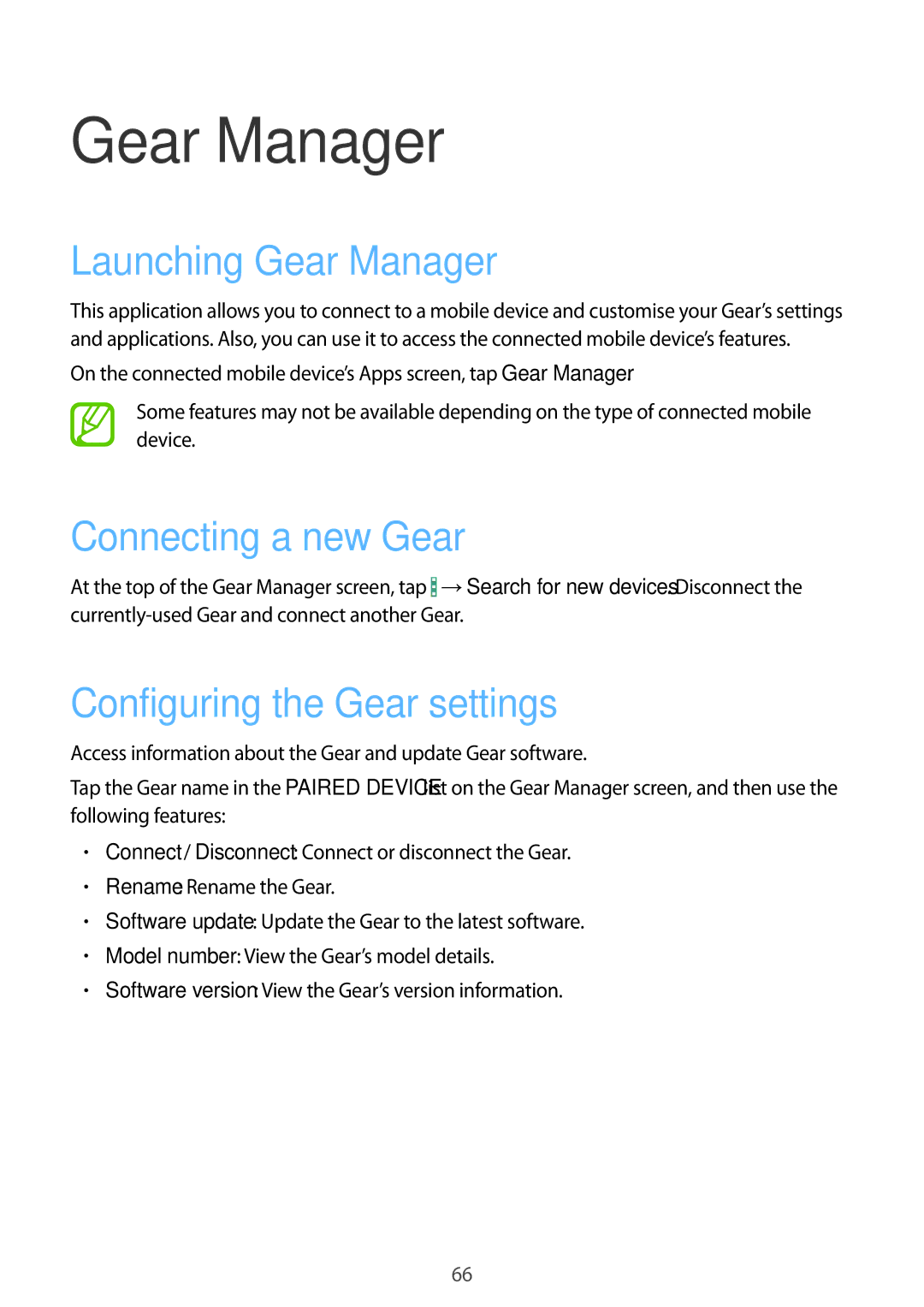 Samsung SM-R3800VSAPHE, SM-R3800VSATUR Launching Gear Manager, Connecting a new Gear, Configuring the Gear settings 