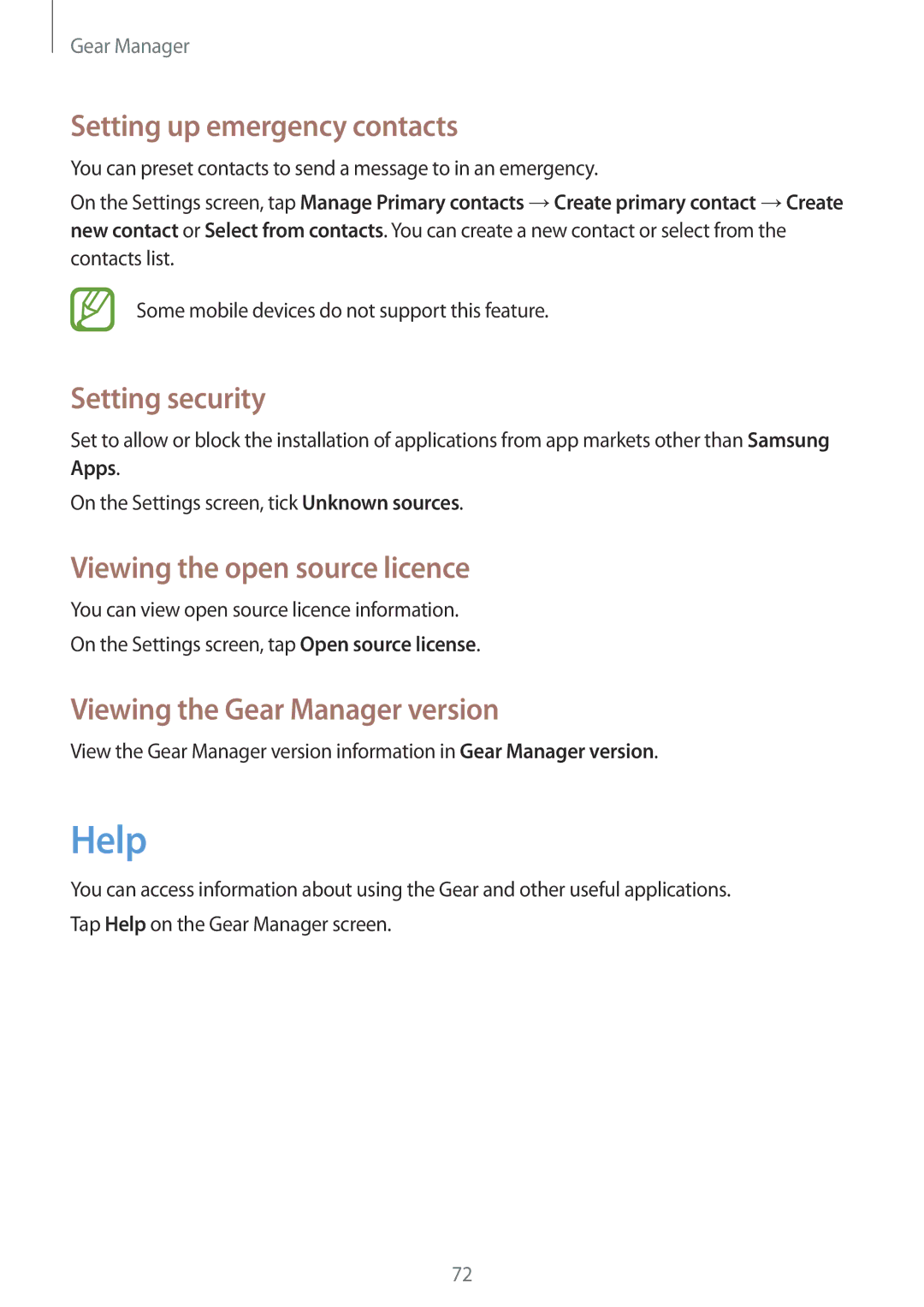 Samsung SM-R3800GNAXSK manual Help, Setting up emergency contacts, Setting security, Viewing the open source licence 