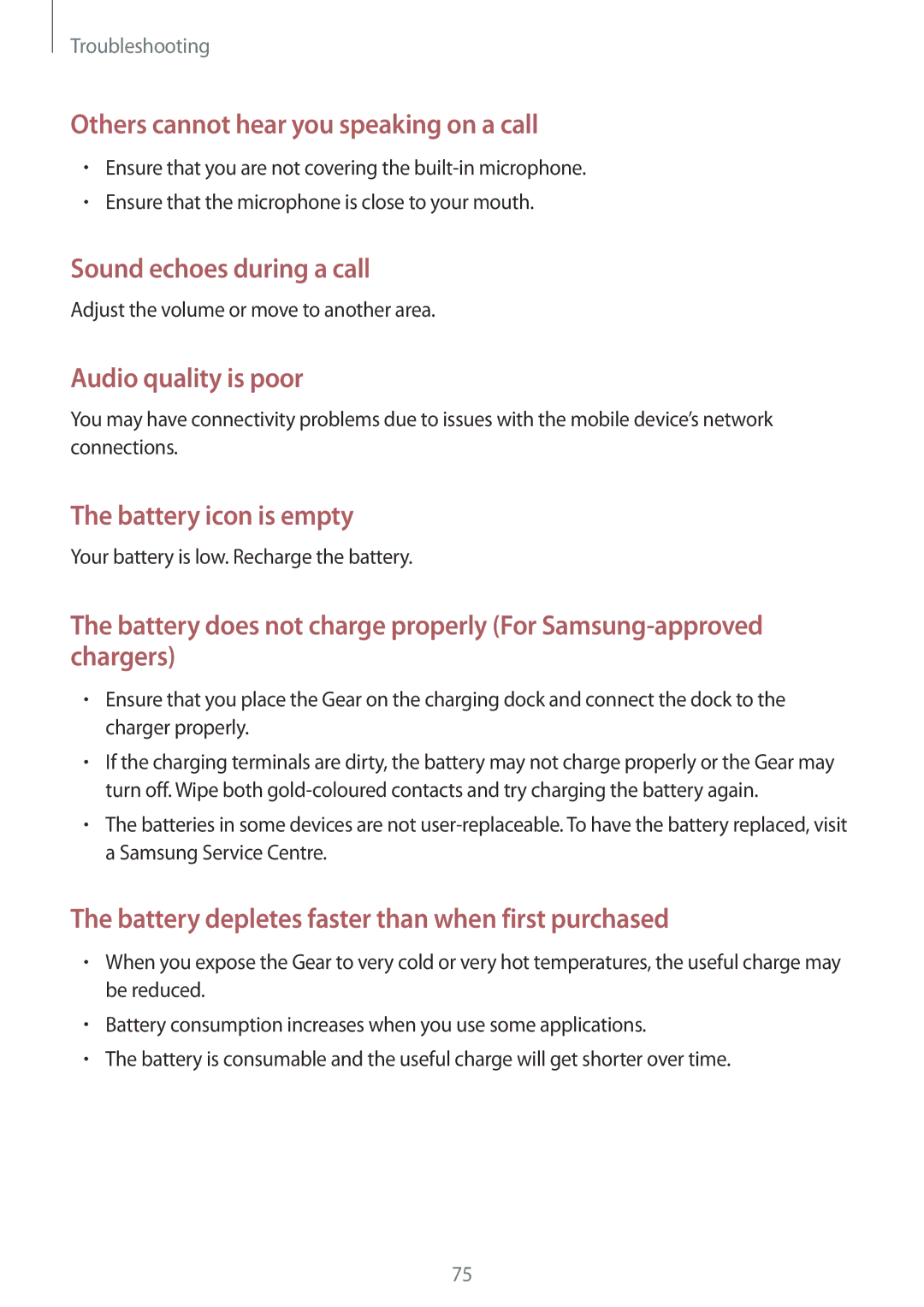 Samsung SM-R3800MOAXSK manual Adjust the volume or move to another area, Your battery is low. Recharge the battery 