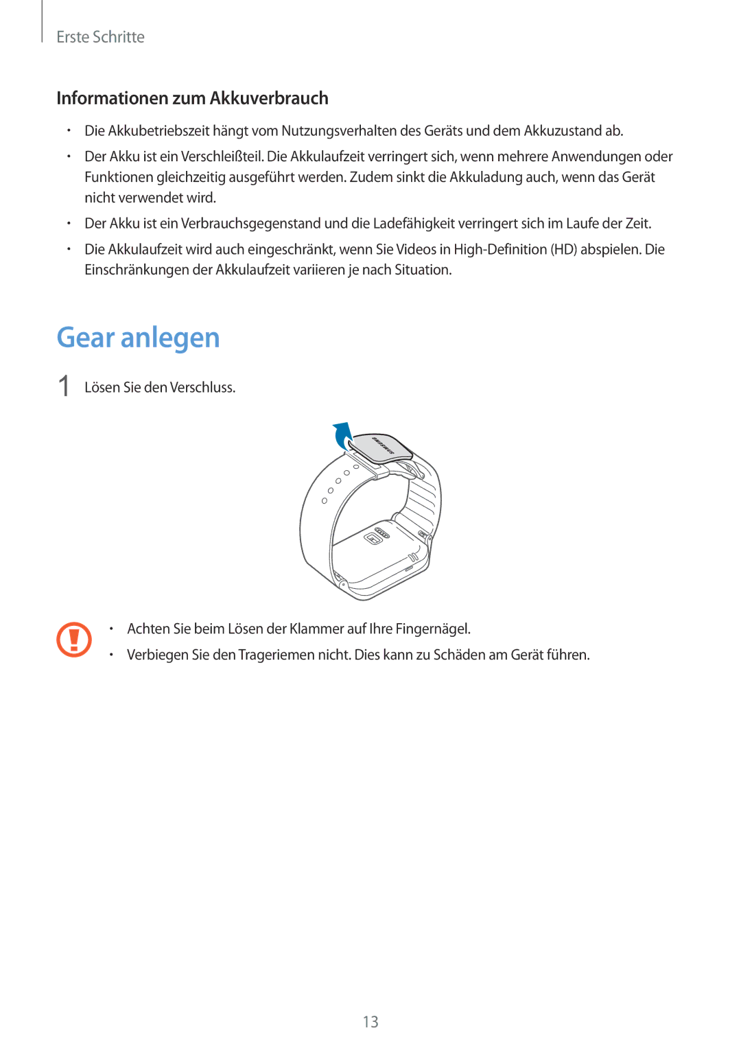 Samsung SM-R3800VSATUR, SM-R3800MOATUR, SM-R3800VSAXEO, SM-R3800VSATPH manual Gear anlegen, Informationen zum Akkuverbrauch 