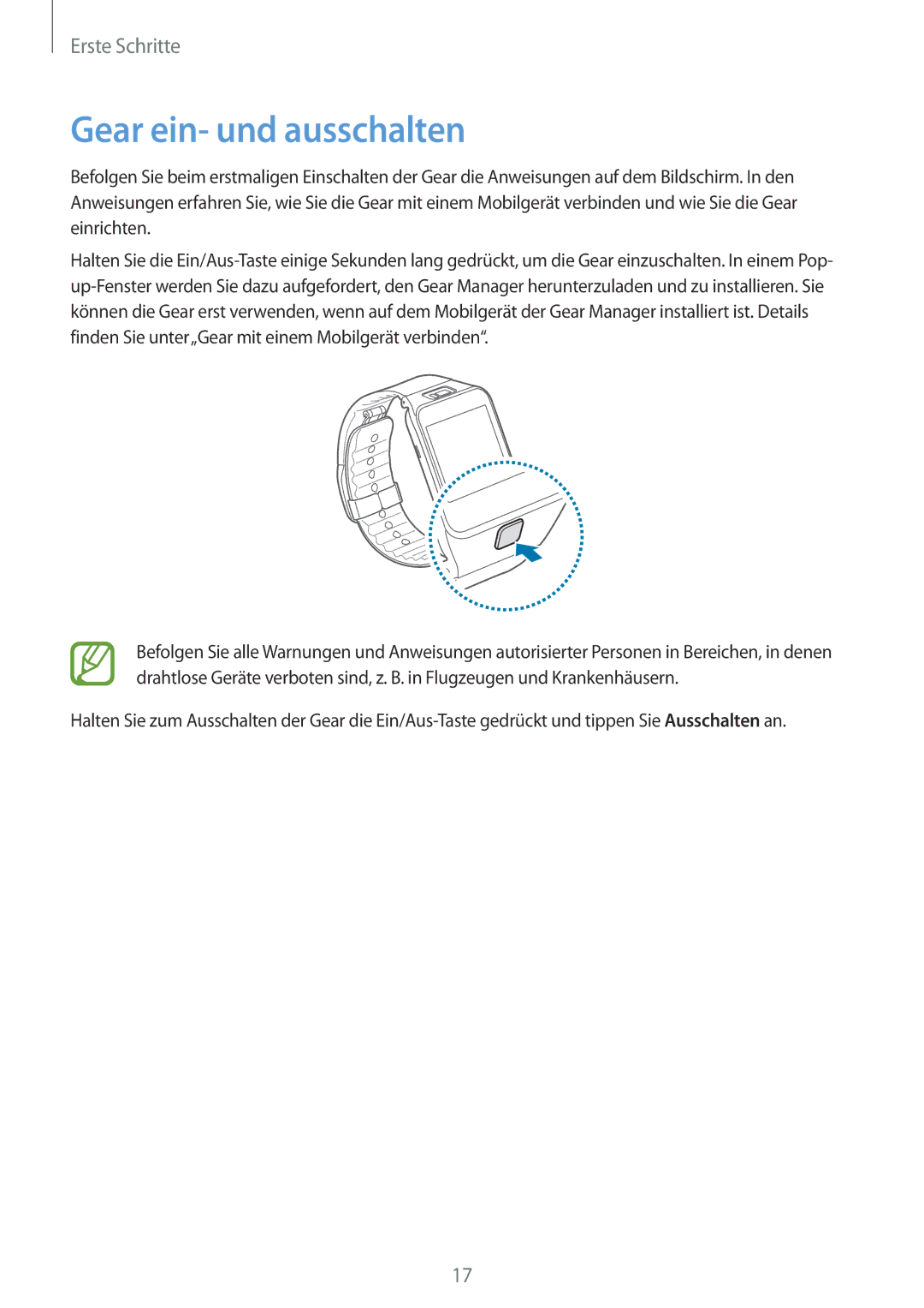 Samsung SM-R3800MOAATO, SM-R3800VSATUR, SM-R3800MOATUR, SM-R3800VSAXEO, SM-R3800VSATPH manual Gear ein- und ausschalten 