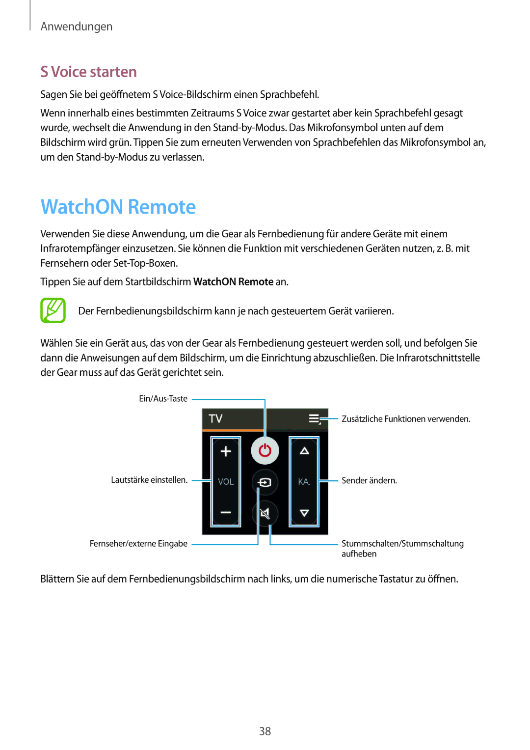 Samsung SM-R3800GNADBT, SM-R3800VSATUR, SM-R3800MOATUR, SM-R3800VSAXEO, SM-R3800VSATPH manual WatchON Remote, Voice starten 