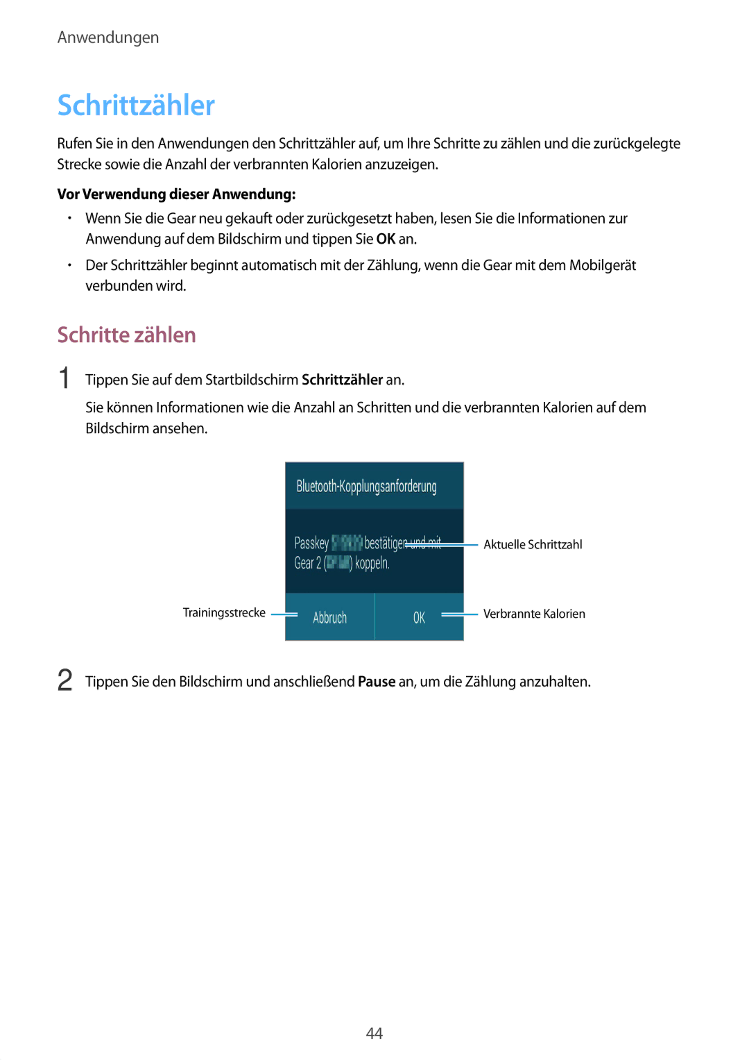 Samsung SM-R3800MOATPH, SM-R3800VSATUR, SM-R3800MOATUR manual Schrittzähler, Schritte zählen, Vor Verwendung dieser Anwendung 