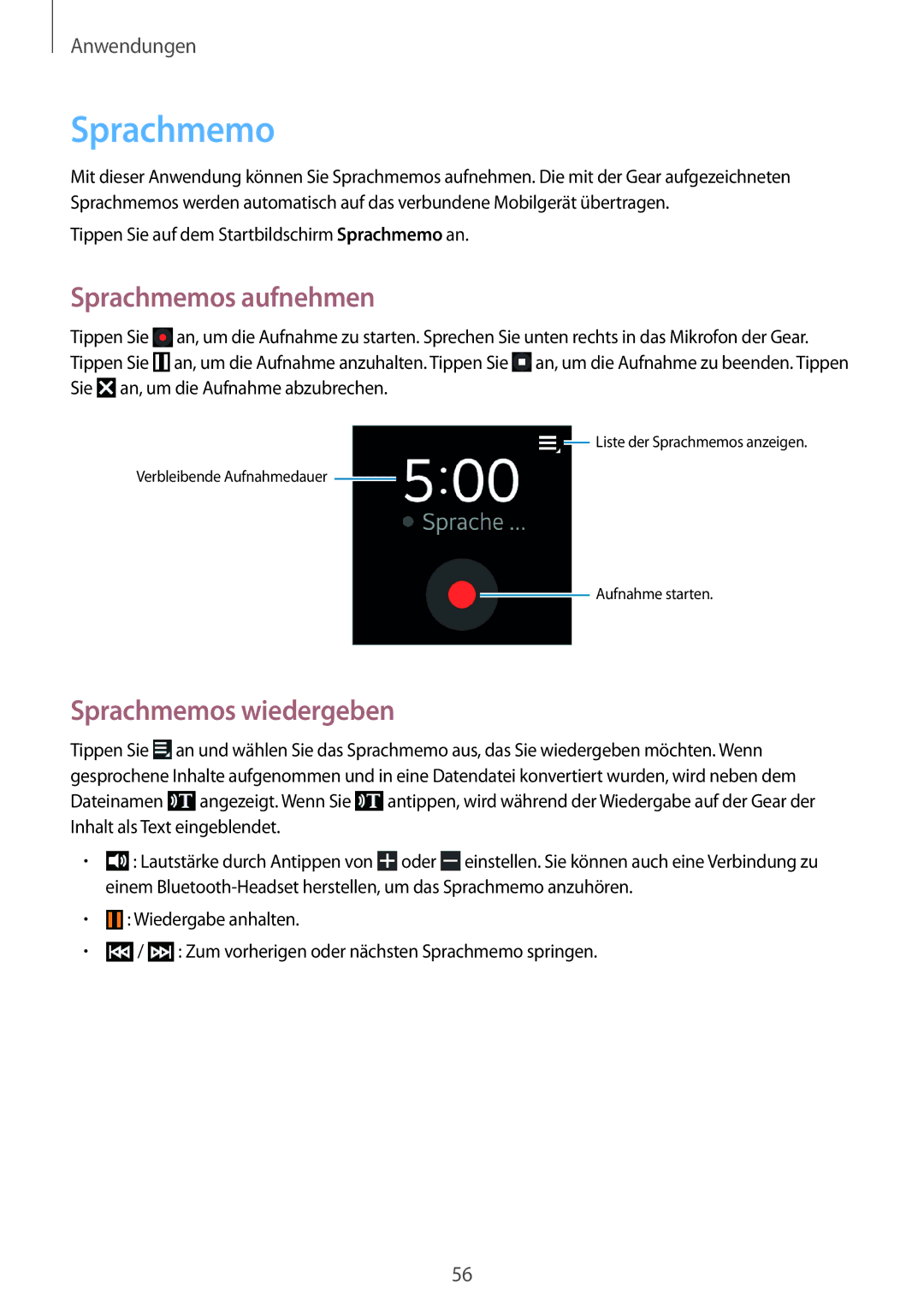 Samsung SM-R3800MOAATO, SM-R3800VSATUR, SM-R3800MOATUR, SM-R3800VSAXEO Sprachmemos aufnehmen, Sprachmemos wiedergeben 