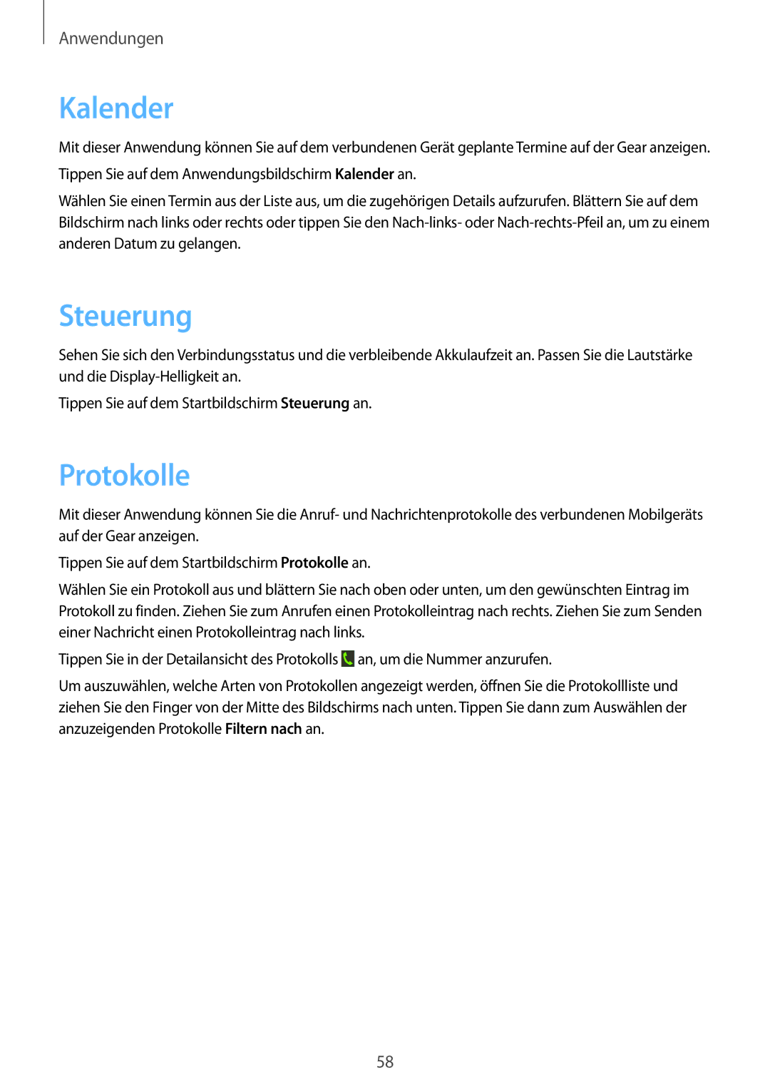 Samsung SM-R3800VSAEUR, SM-R3800VSATUR, SM-R3800MOATUR, SM-R3800VSAXEO, SM-R3800VSATPH manual Kalender, Steuerung, Protokolle 