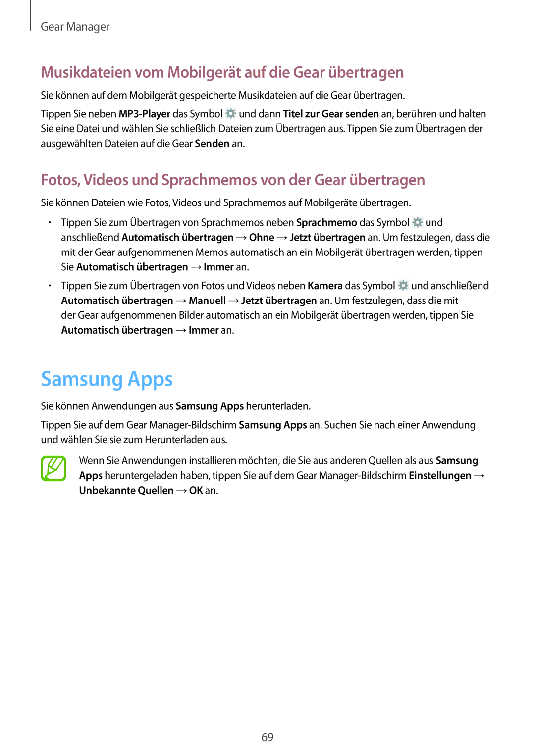 Samsung SM-R3800MOAATO, SM-R3800VSATUR, SM-R3800MOATUR Samsung Apps, Musikdateien vom Mobilgerät auf die Gear übertragen 