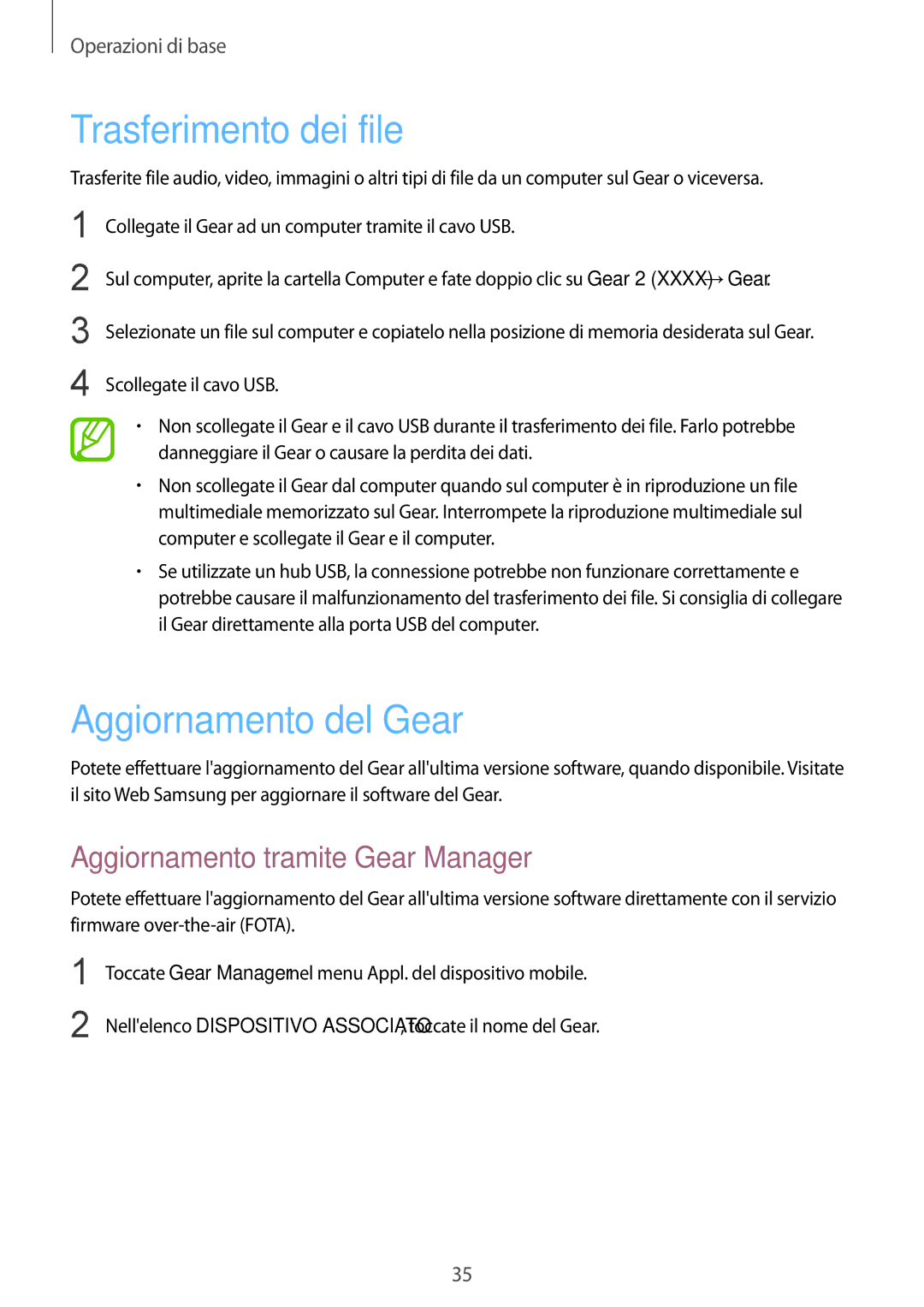 Samsung SM-R3800VSAITV, SM-R3800VSATUR Trasferimento dei file, Aggiornamento del Gear, Aggiornamento tramite Gear Manager 