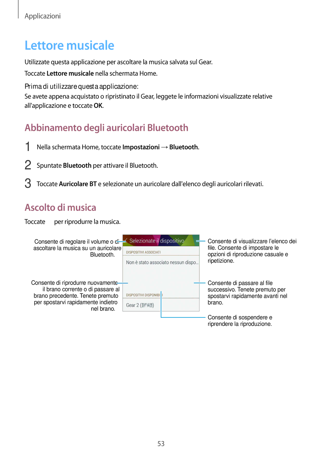 Samsung SM-R3800VSAITV, SM-R3800VSATUR manual Lettore musicale, Abbinamento degli auricolari Bluetooth, Ascolto di musica 