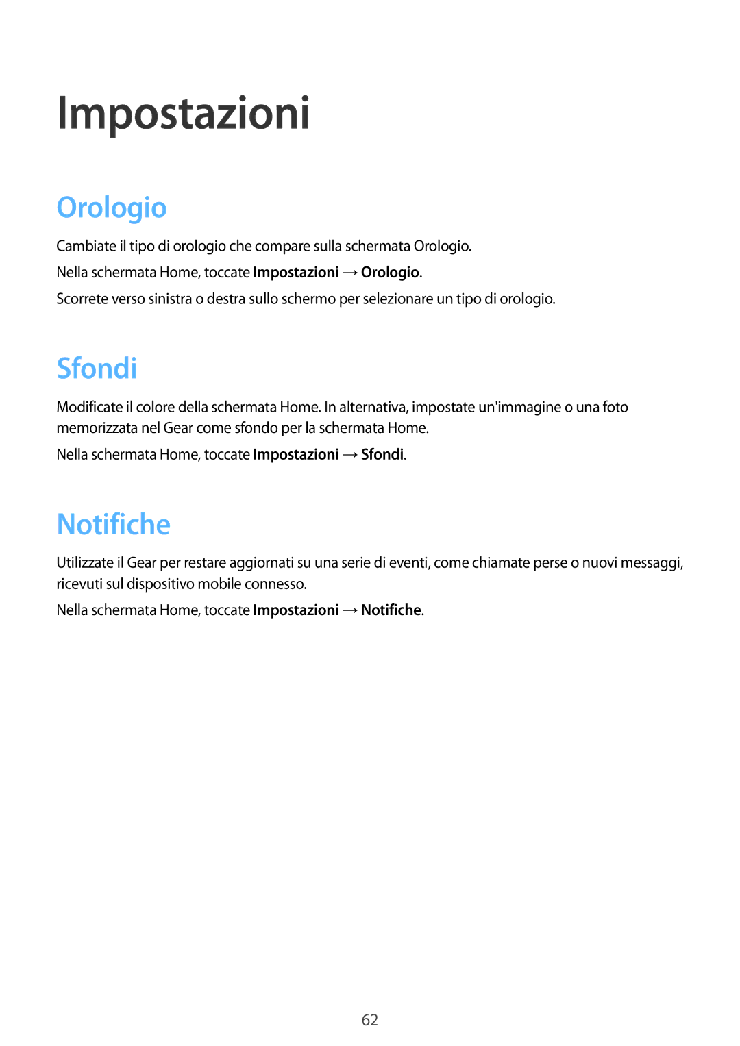 Samsung SM-R3800VSADBT, SM-R3800VSATUR, SM-R3800VSAXEO, SM-R3800VSAXSA manual Impostazioni, Orologio, Sfondi, Notifiche 