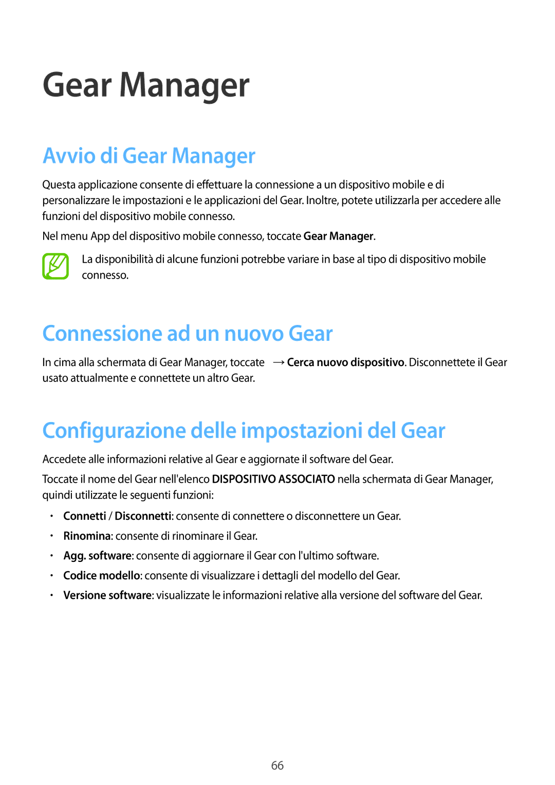 Samsung SM-R3800VSATUR Avvio di Gear Manager, Connessione ad un nuovo Gear, Configurazione delle impostazioni del Gear 