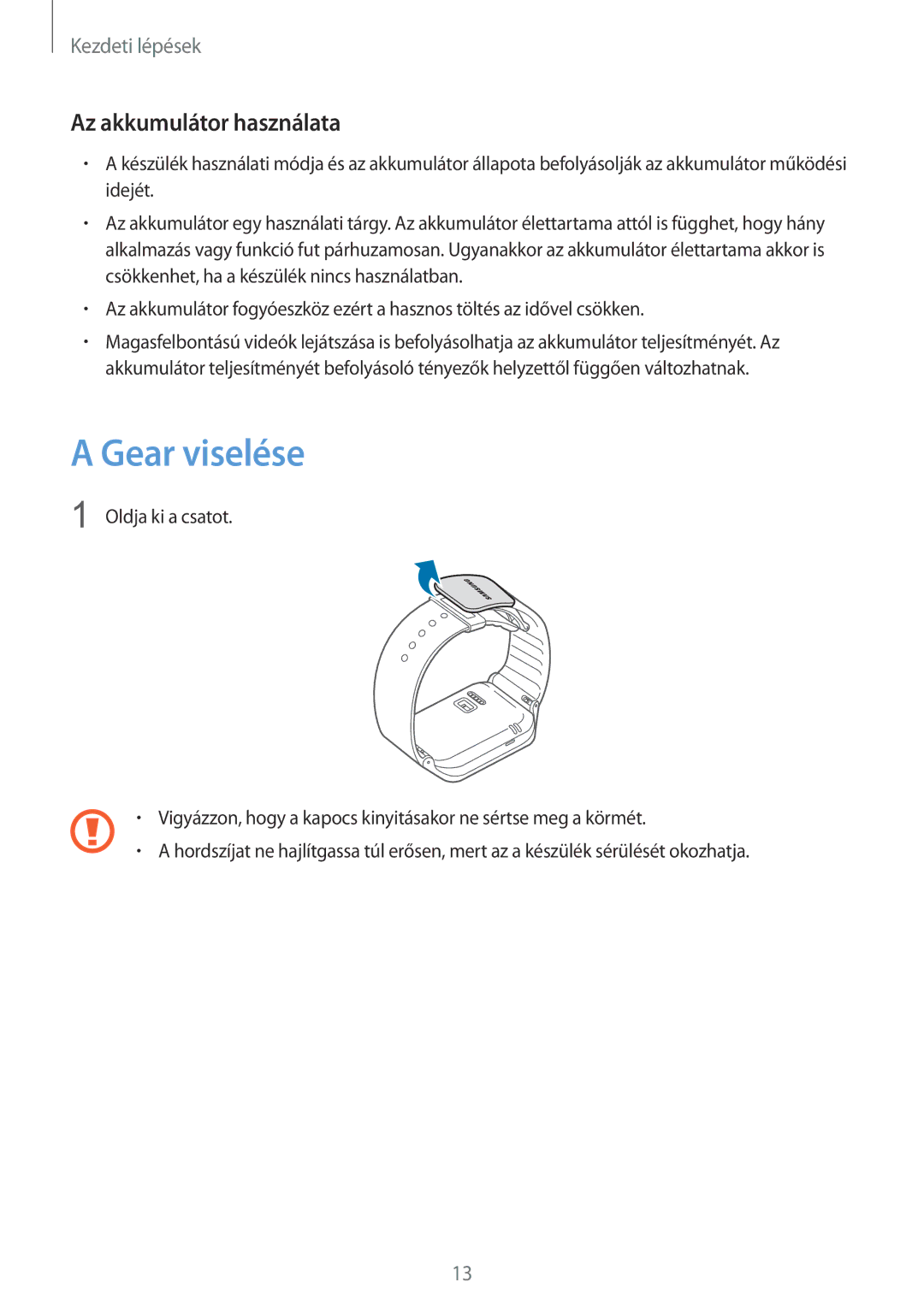 Samsung SM-R3800VSAXEH manual Gear viselése, Az akkumulátor használata 