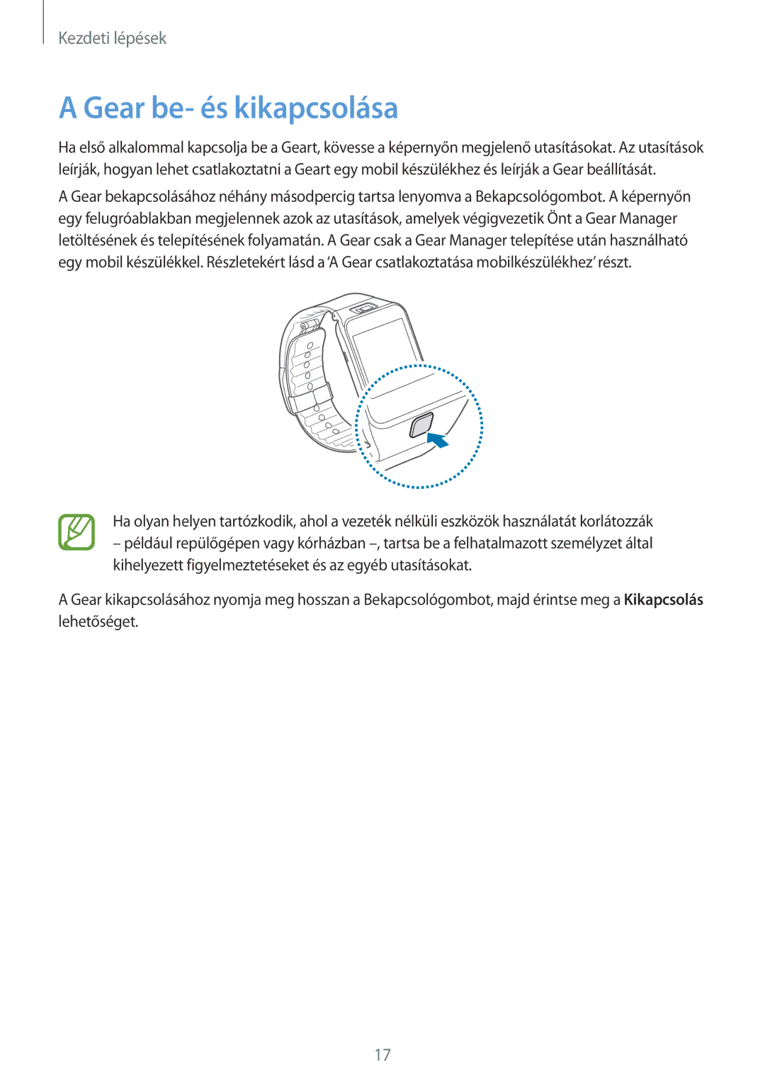 Samsung SM-R3800VSAXEH manual Gear be- és kikapcsolása 