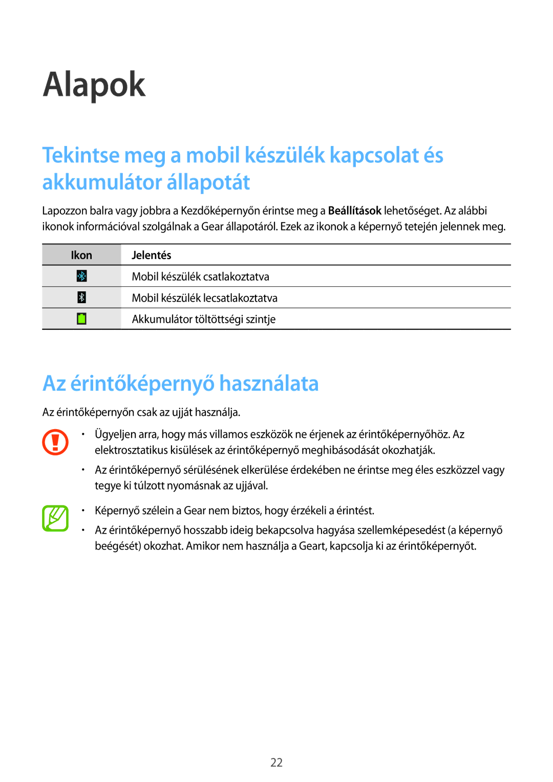 Samsung SM-R3800VSAXEH manual Alapok, Az érintőképernyő használata, Ikon Jelentés 