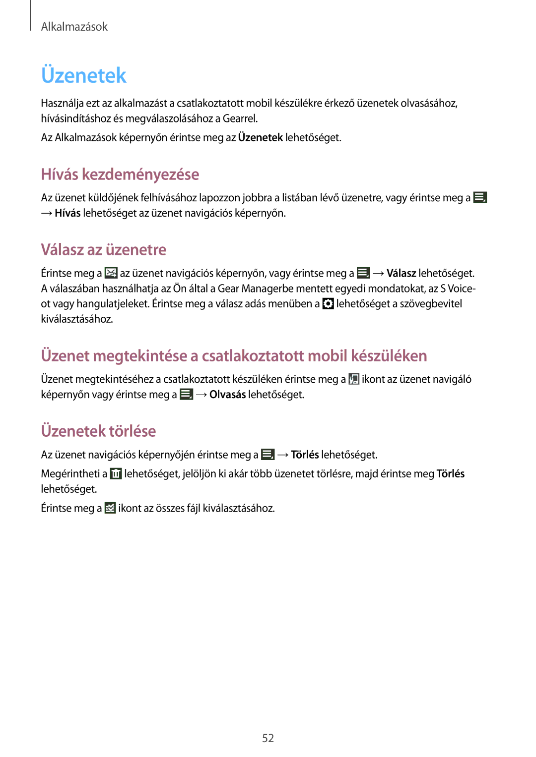 Samsung SM-R3800VSAXEH manual Üzenetek, Válasz az üzenetre, Üzenet megtekintése a csatlakoztatott mobil készüléken 