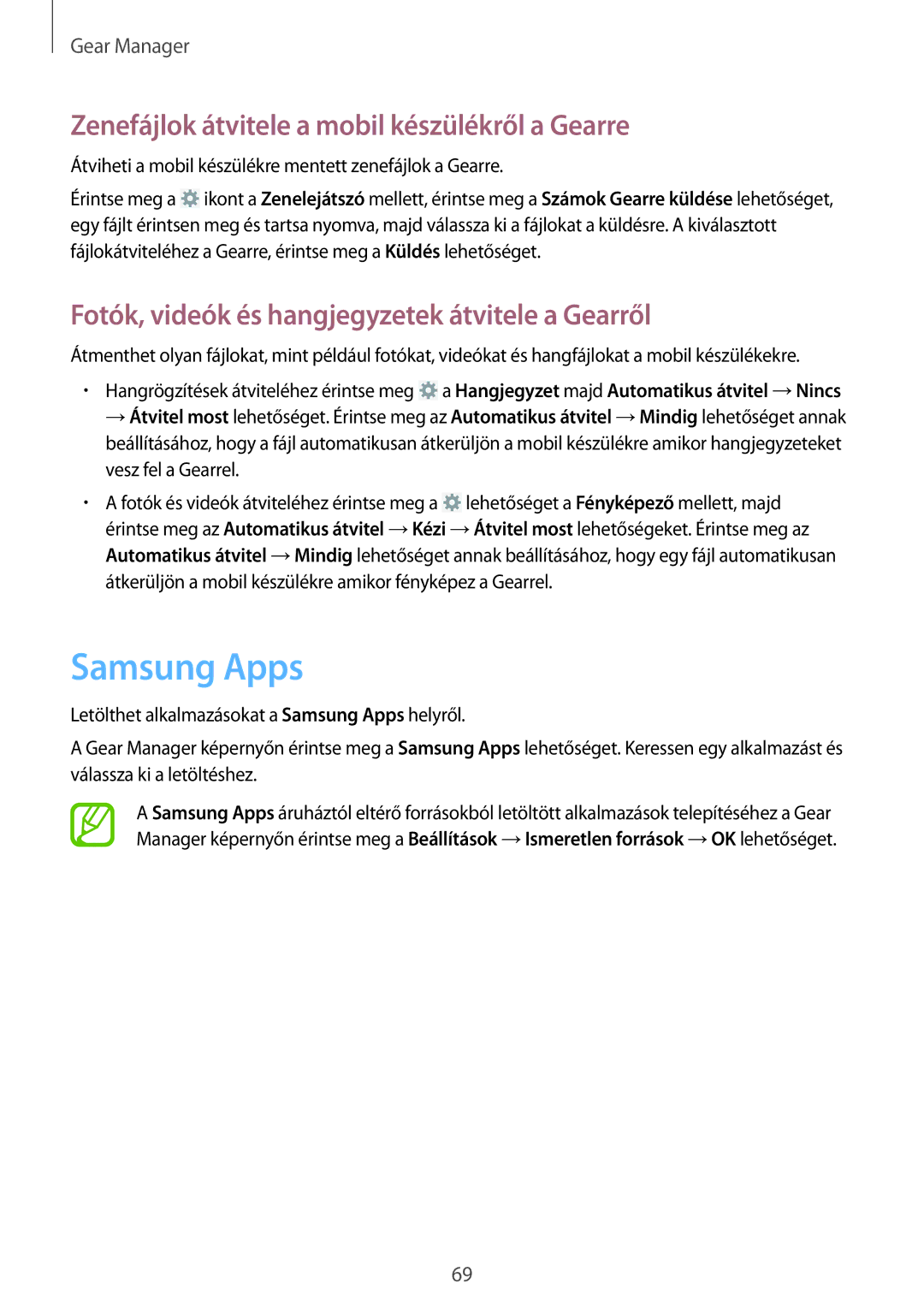 Samsung SM-R3800VSAXEH manual Samsung Apps, Zenefájlok átvitele a mobil készülékről a Gearre 