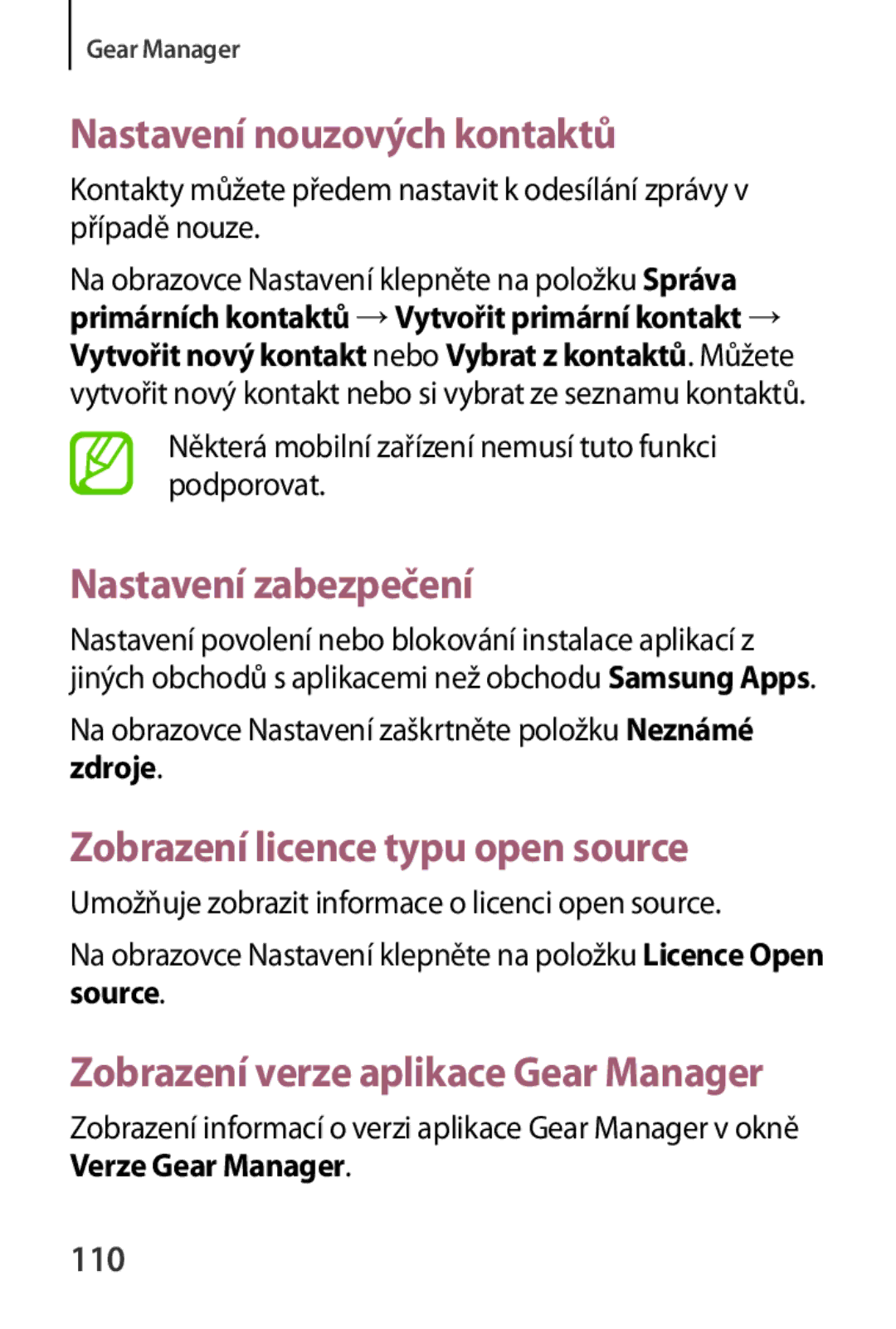 Samsung SM-R3800VSAXEH manual Nastavení nouzových kontaktů, Nastavení zabezpečení, Zobrazení licence typu open source, 110 