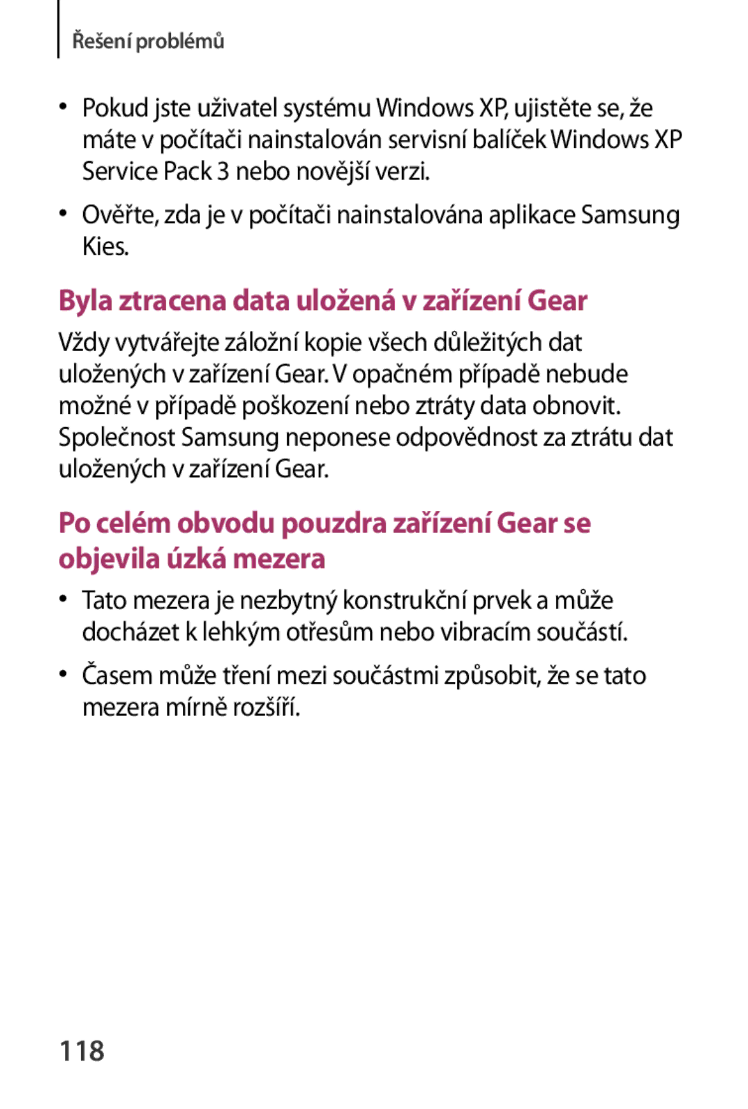 Samsung SM-R3800MOAATO, SM-R3800VSAXEO, SM-R3800GNAEUR, SM-R3800VSAATO manual Byla ztracena data uložená v zařízení Gear, 118 