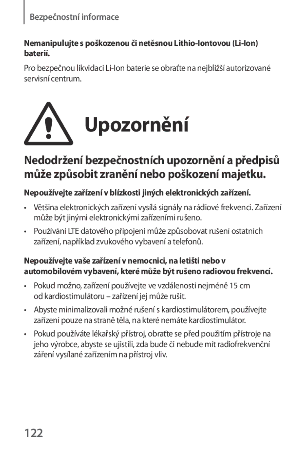 Samsung SM-R3800GNAXSK, SM-R3800VSAXEO, SM-R3800MOAATO, SM-R3800GNAEUR, SM-R3800VSAATO, SM-R3800GNAROM manual Upozornění, 122 